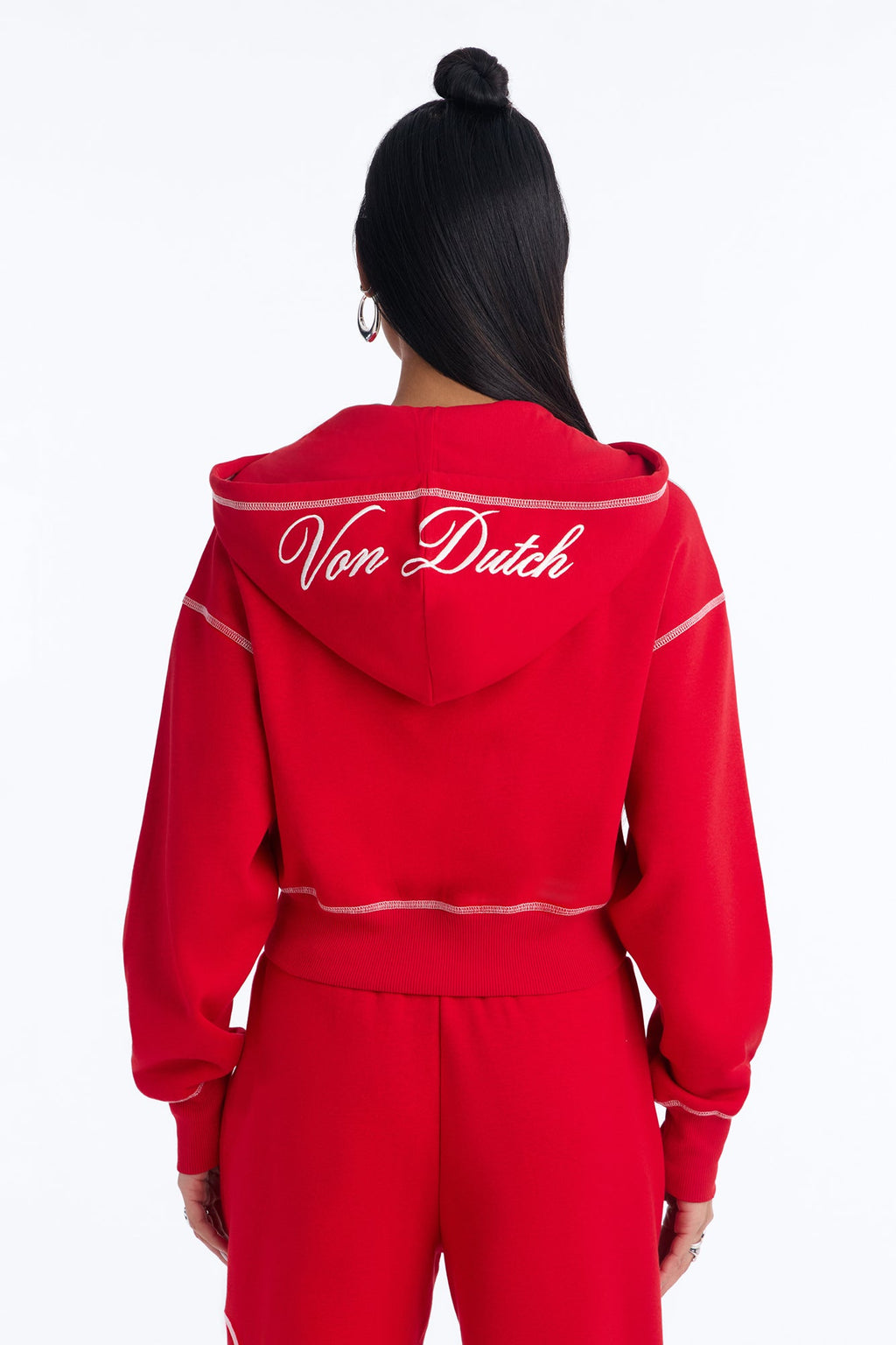 Von Dutch Script Contrast Stitch Zip Hoodie - Red