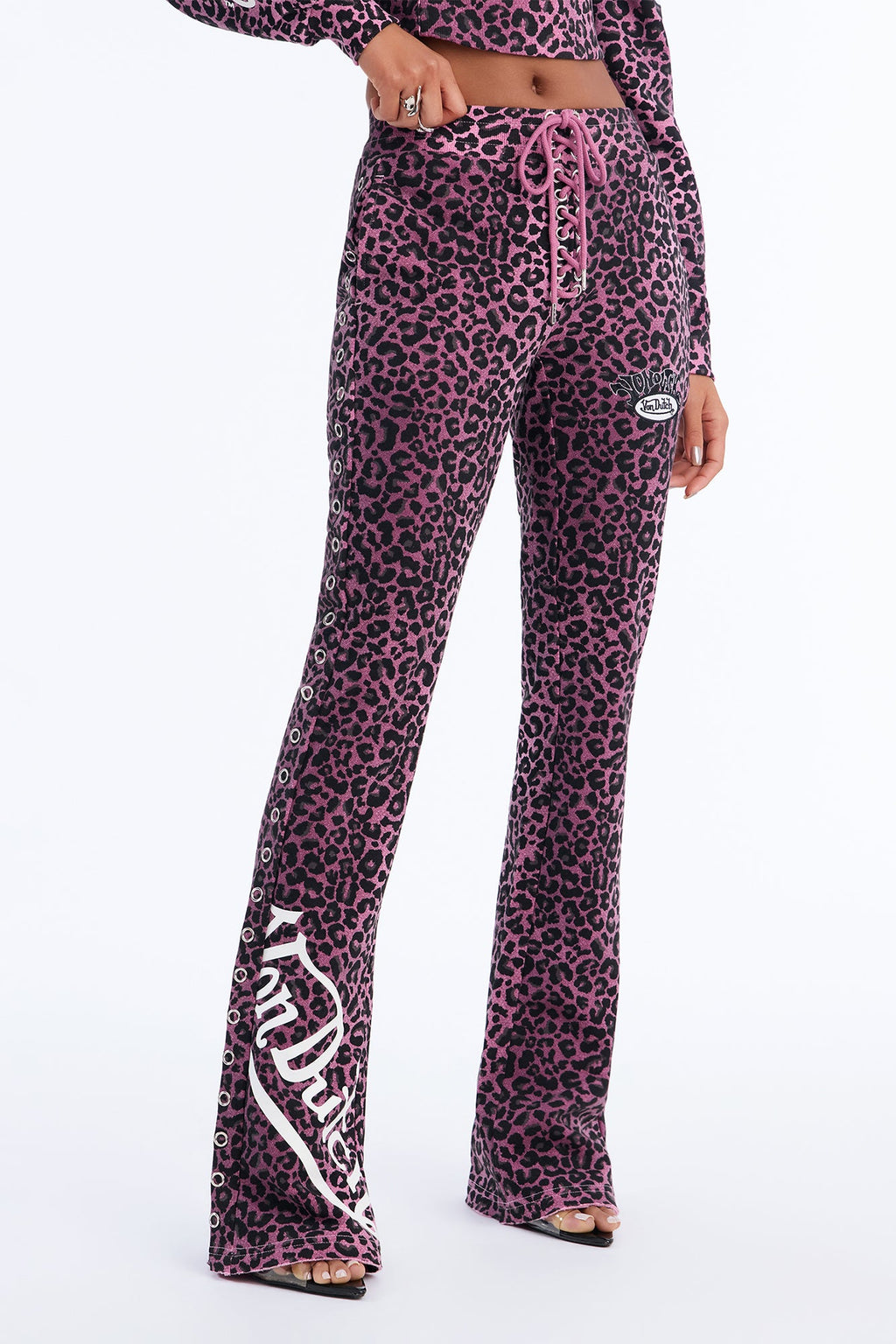 Von Dutch Embroidered Patch Leopard Flare Sweatpants - Wine