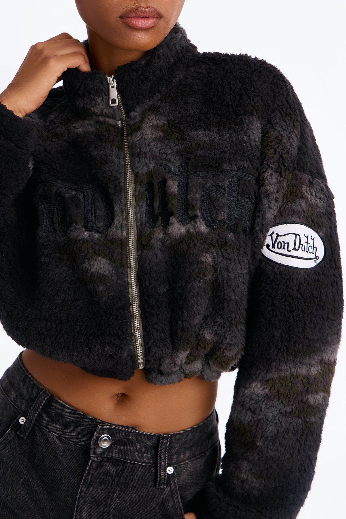 Von Dutch Sherpa Camo Cropped Jacket - Olive/combo