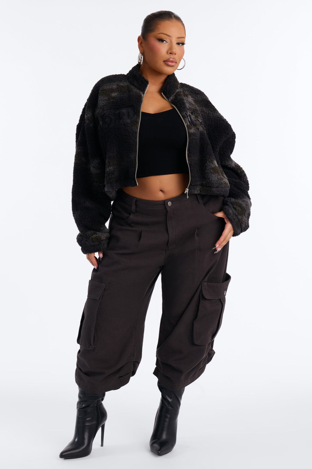 Von Dutch Sherpa Camo Cropped Jacket - Olive/combo