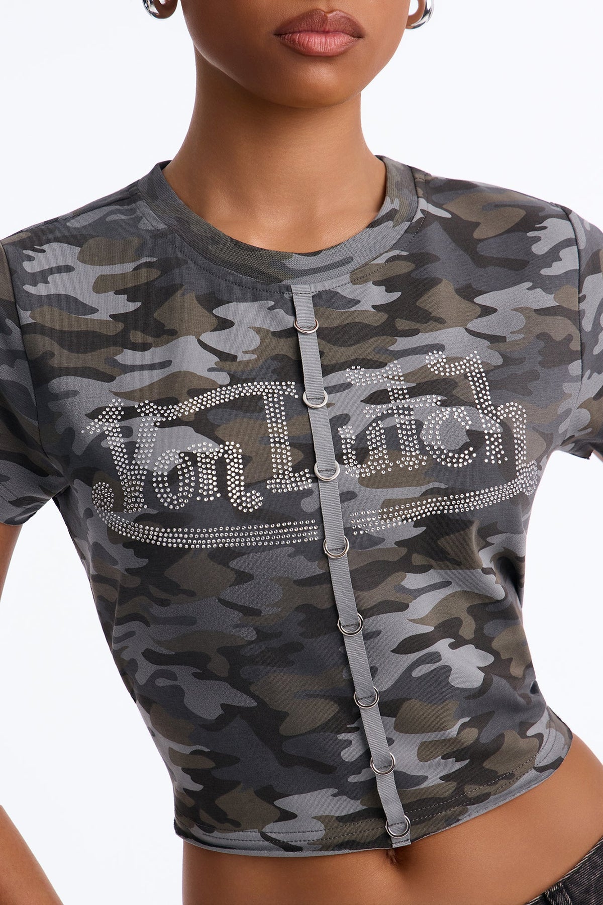 Von Dutch Camo Washed Embellished Baby Tee - Black