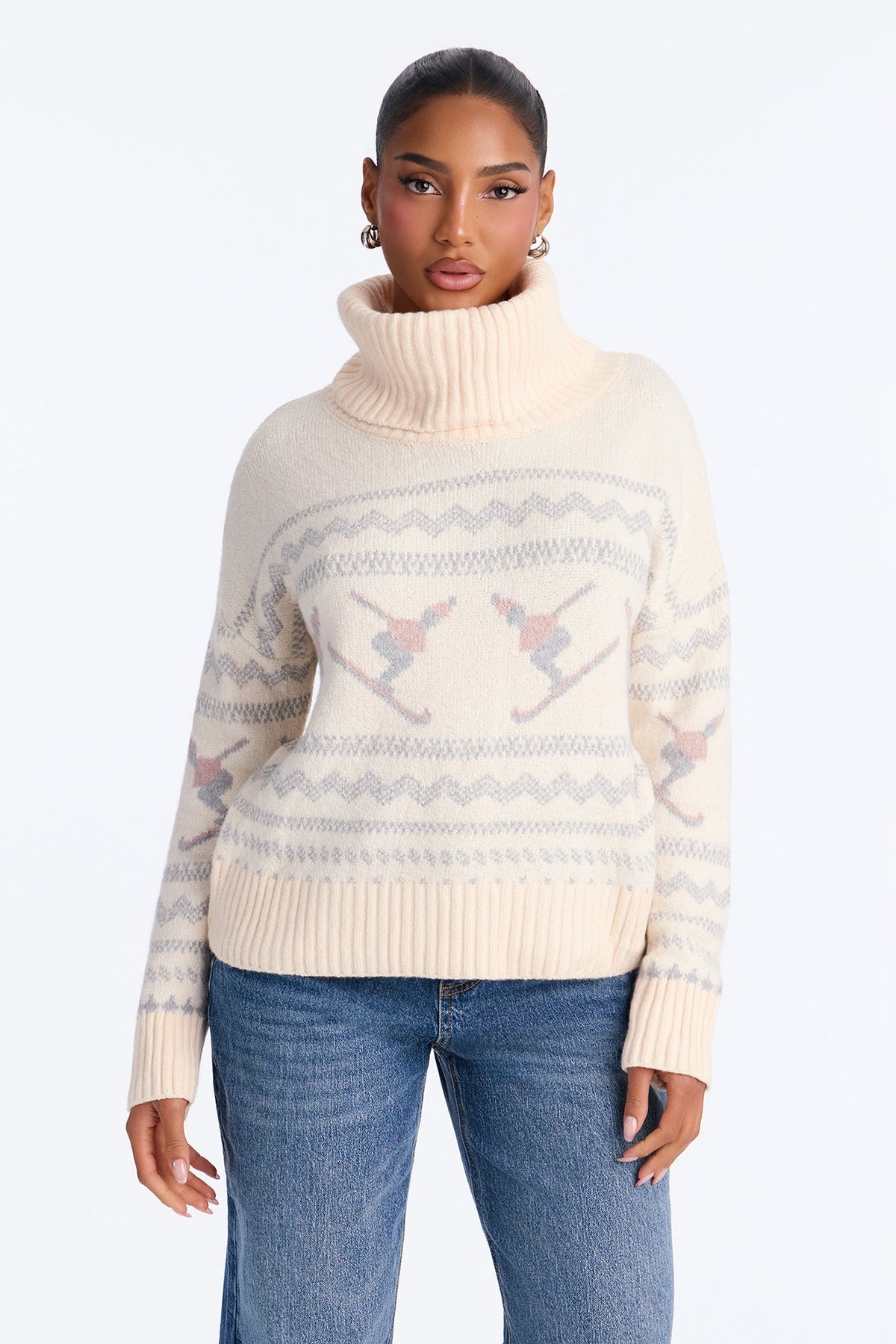 Ski Getaway Turtle Neck Pullover Sweater - Cream/combo