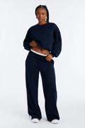 Go With The Flow Bubble Hem Fleece Pant Set - Navy