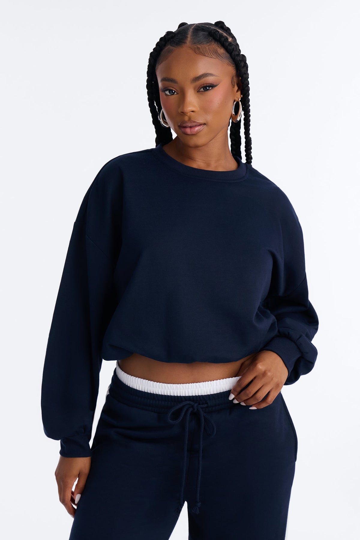 Go With The Flow Bubble Hem Fleece Pant Set - Navy