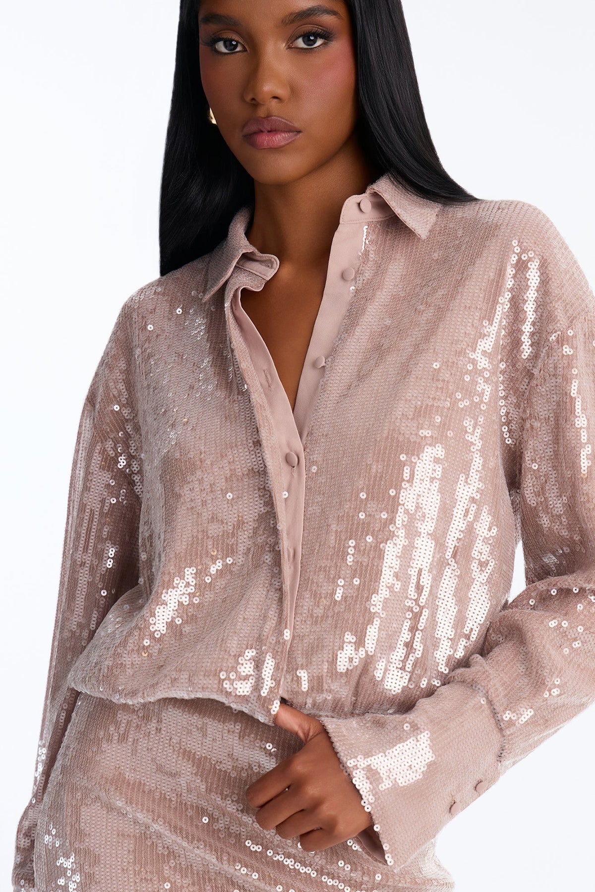 Natalia Button Up Sequin Mini Dress - Champagne