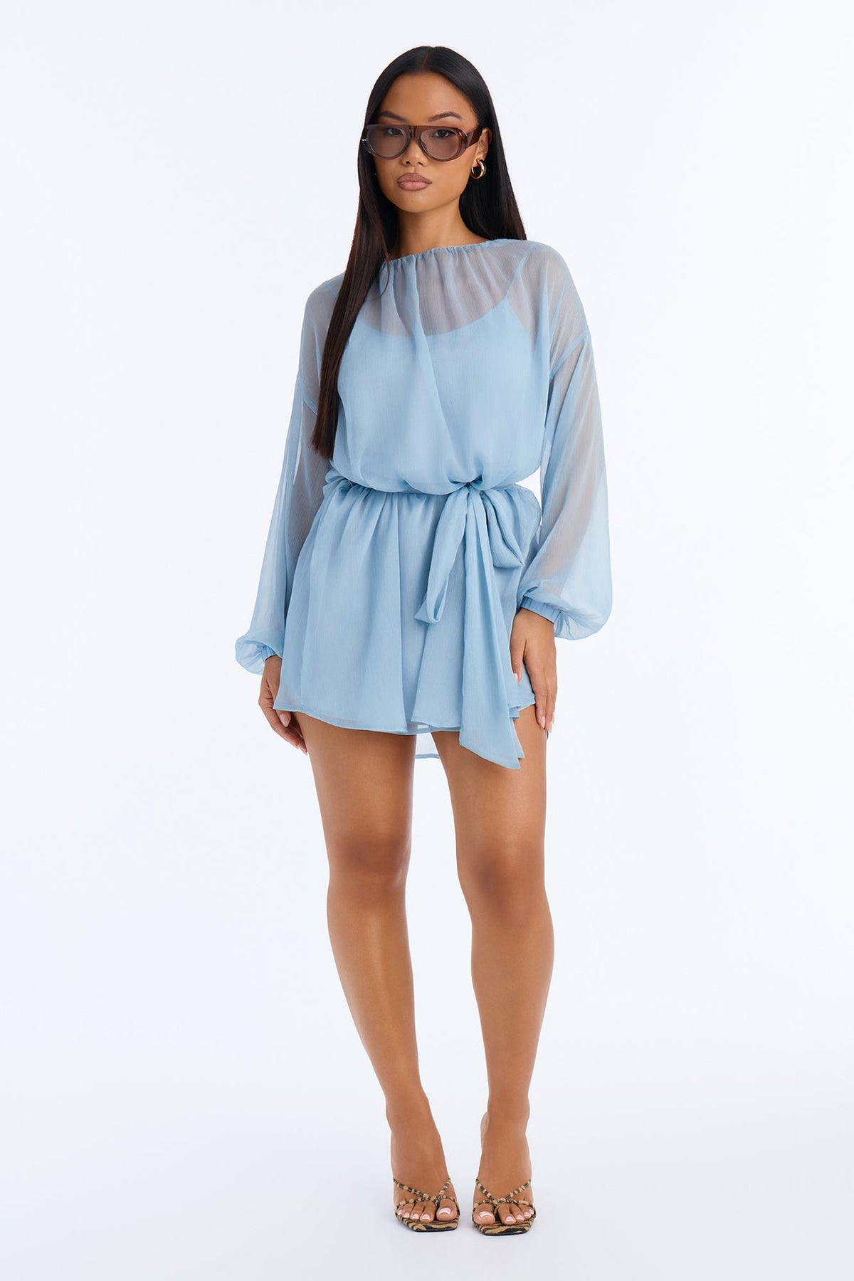 Ayla Long Sleeve Tie Front Chiffon Mini Dress - Dusty Blue