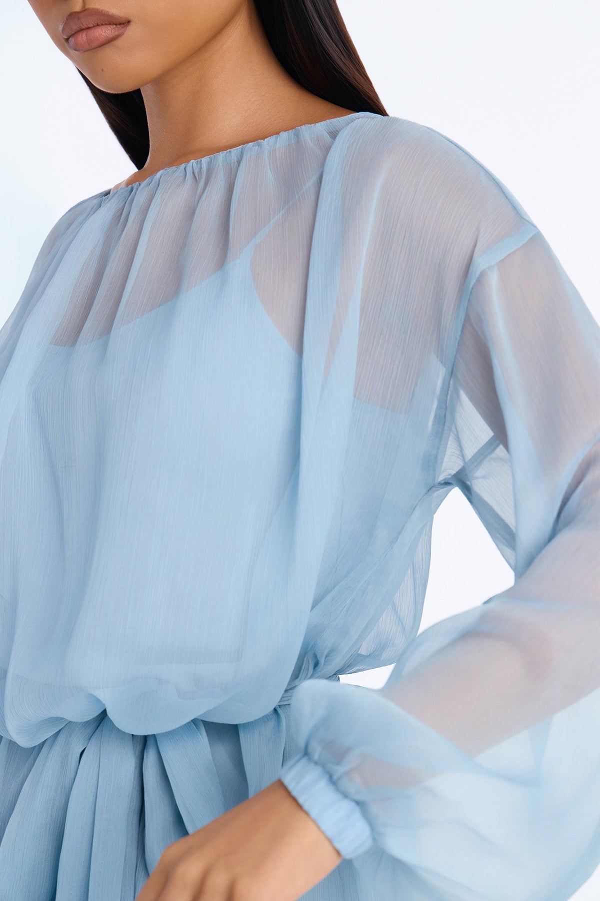 Ayla Long Sleeve Tie Front Chiffon Mini Dress - Dusty Blue