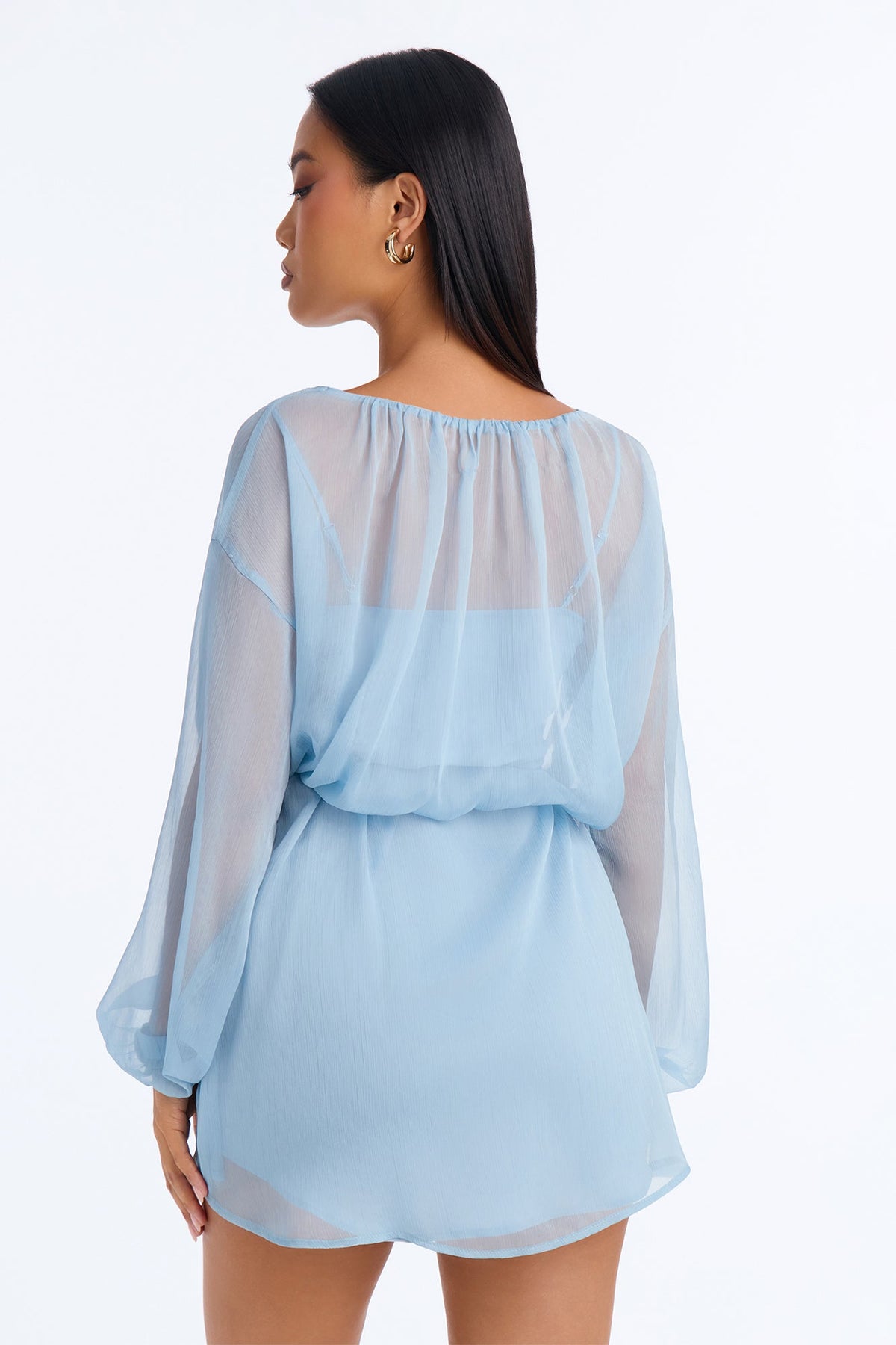 Ayla Long Sleeve Tie Front Chiffon Mini Dress - Dusty Blue