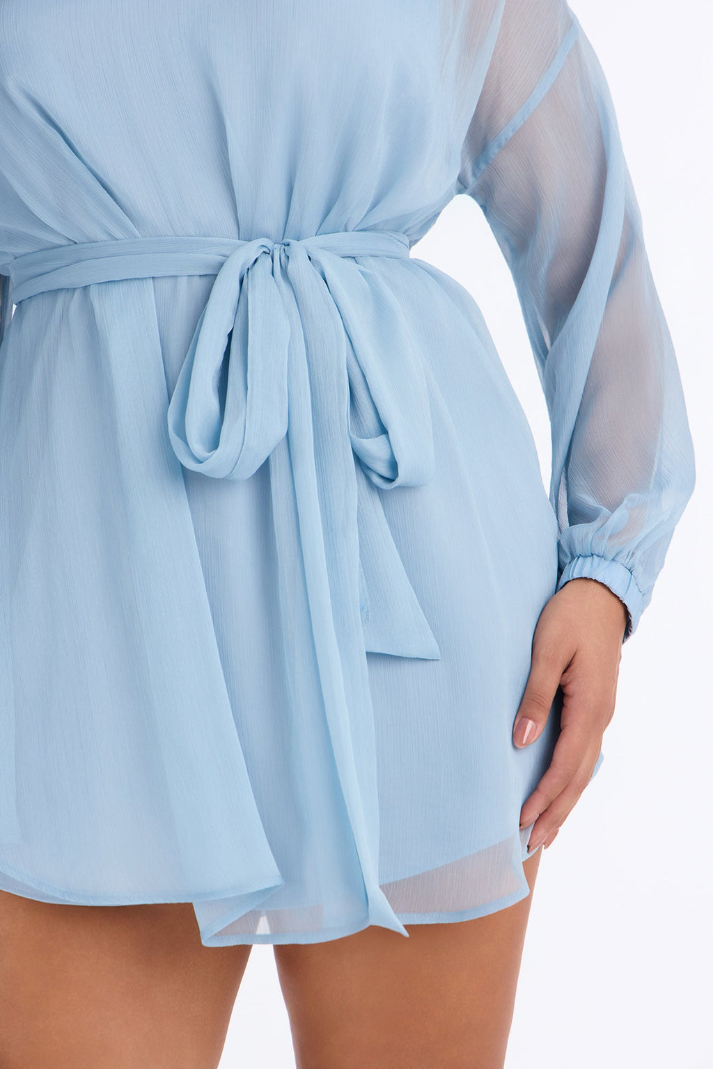 Ayla Long Sleeve Tie Front Chiffon Mini Dress - Dusty Blue