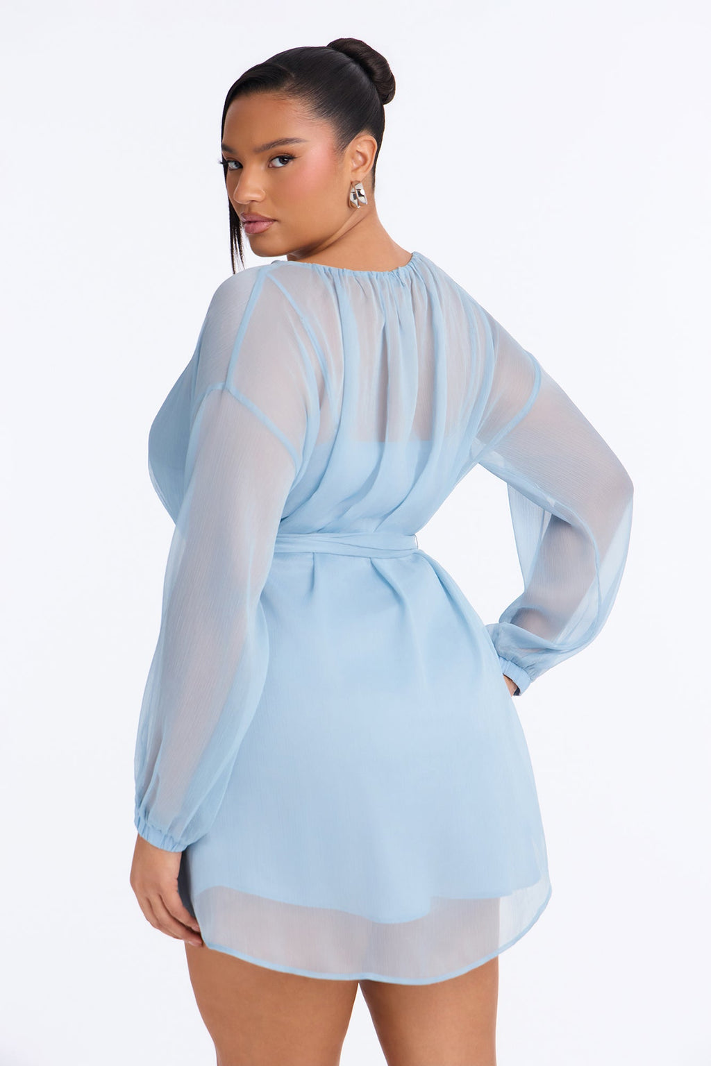 Ayla Long Sleeve Tie Front Chiffon Mini Dress - Dusty Blue
