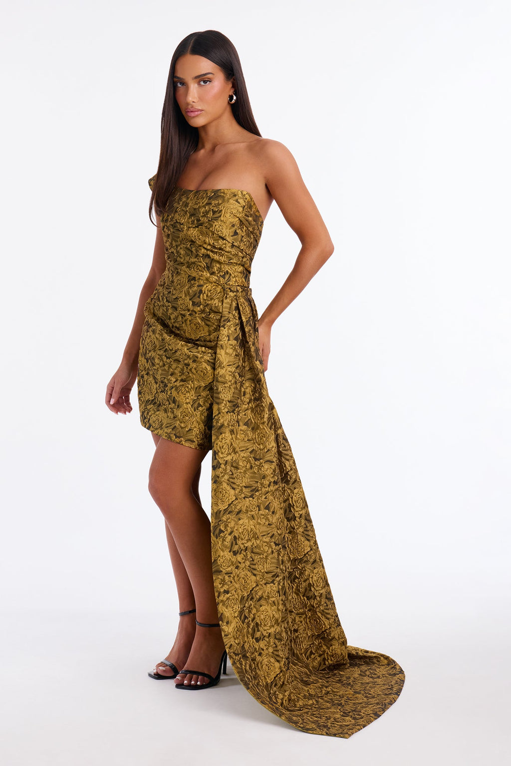 Isabella Jacquard Removable Train Mini Dress - Gold
