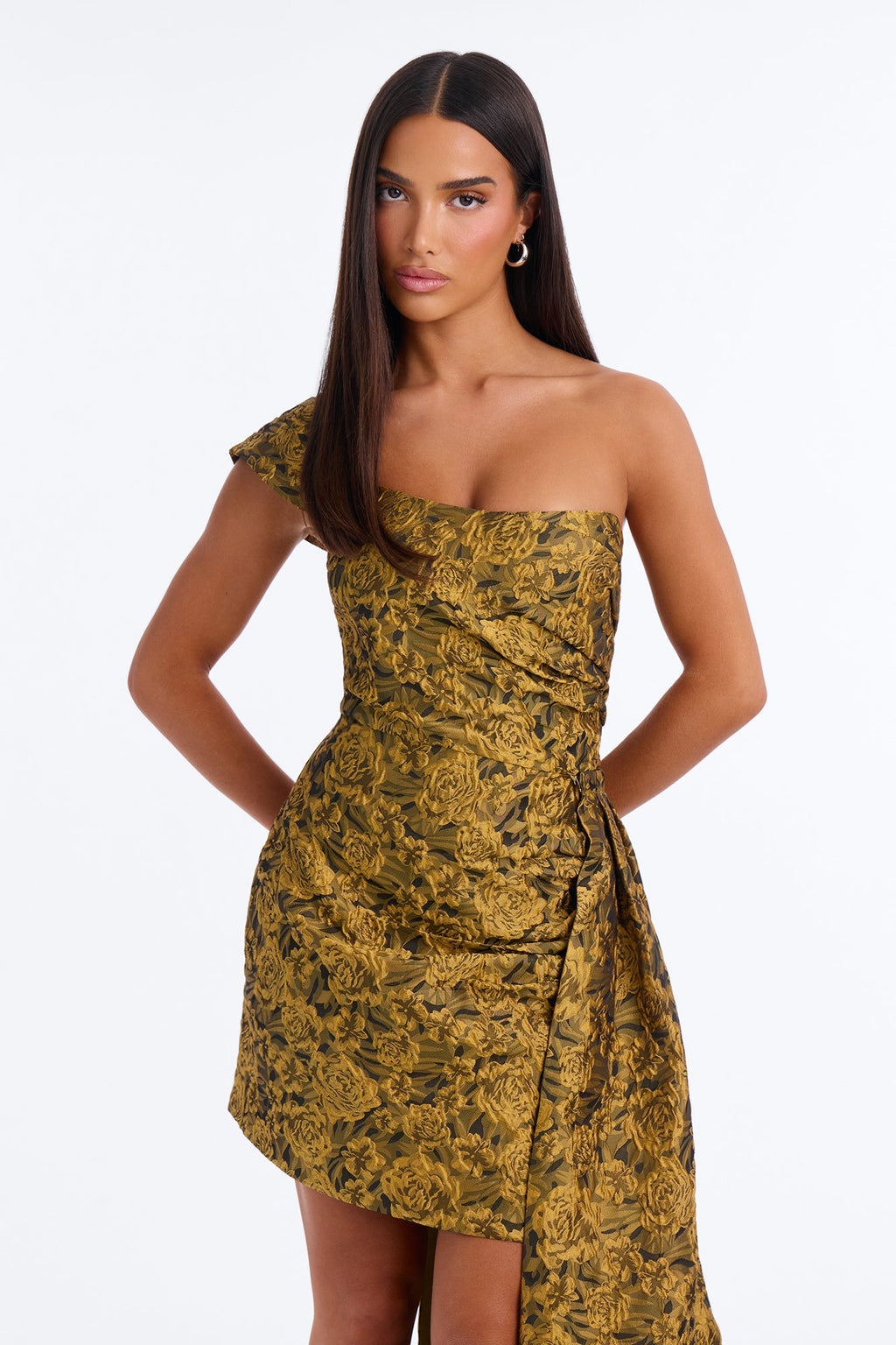Isabella Jacquard Removable Train Mini Dress - Gold