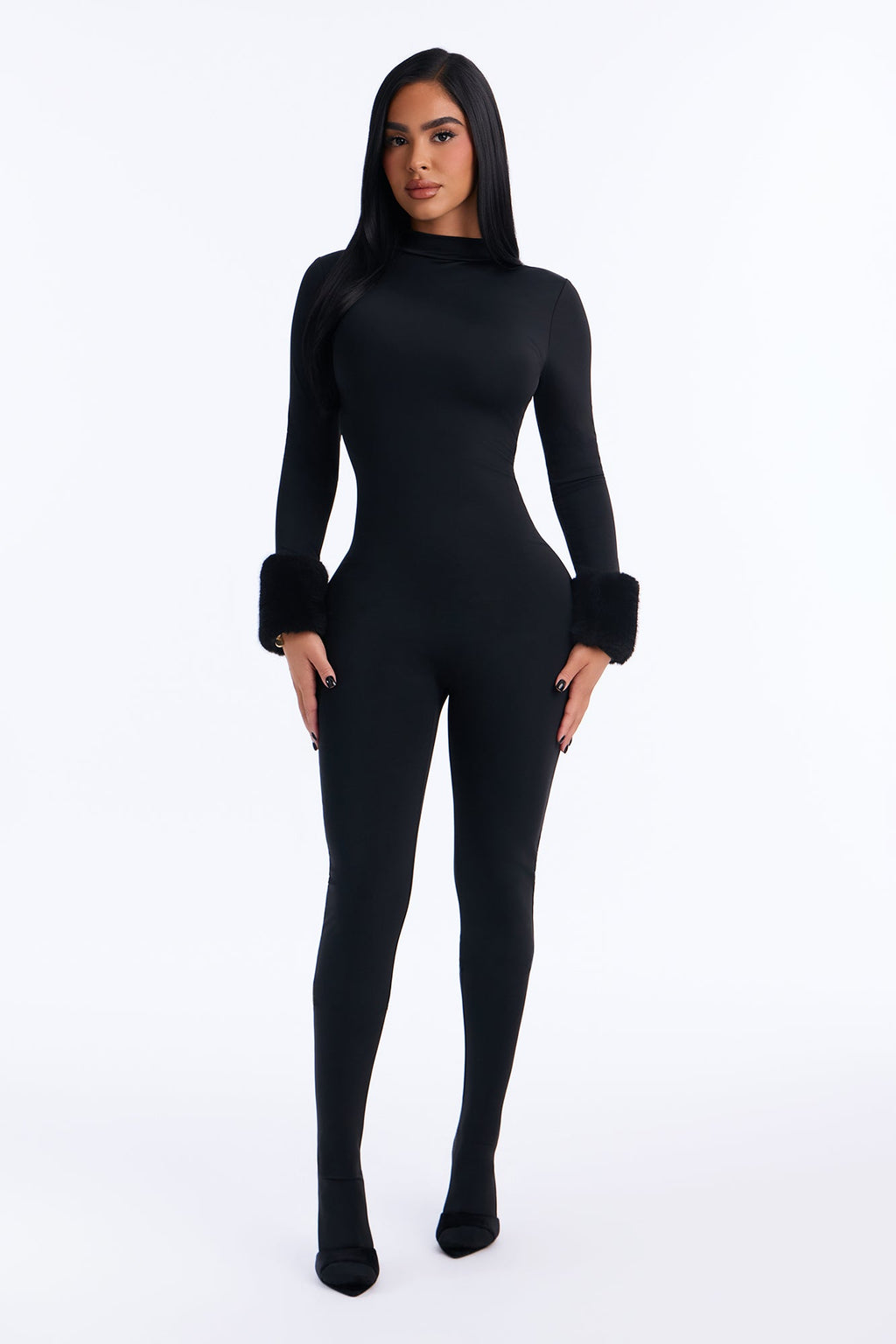 Snow Angel Faux Fur Trim Catsuit With Footie - Black
