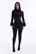 Snow Angel Faux Fur Trim Catsuit With Footie - Black