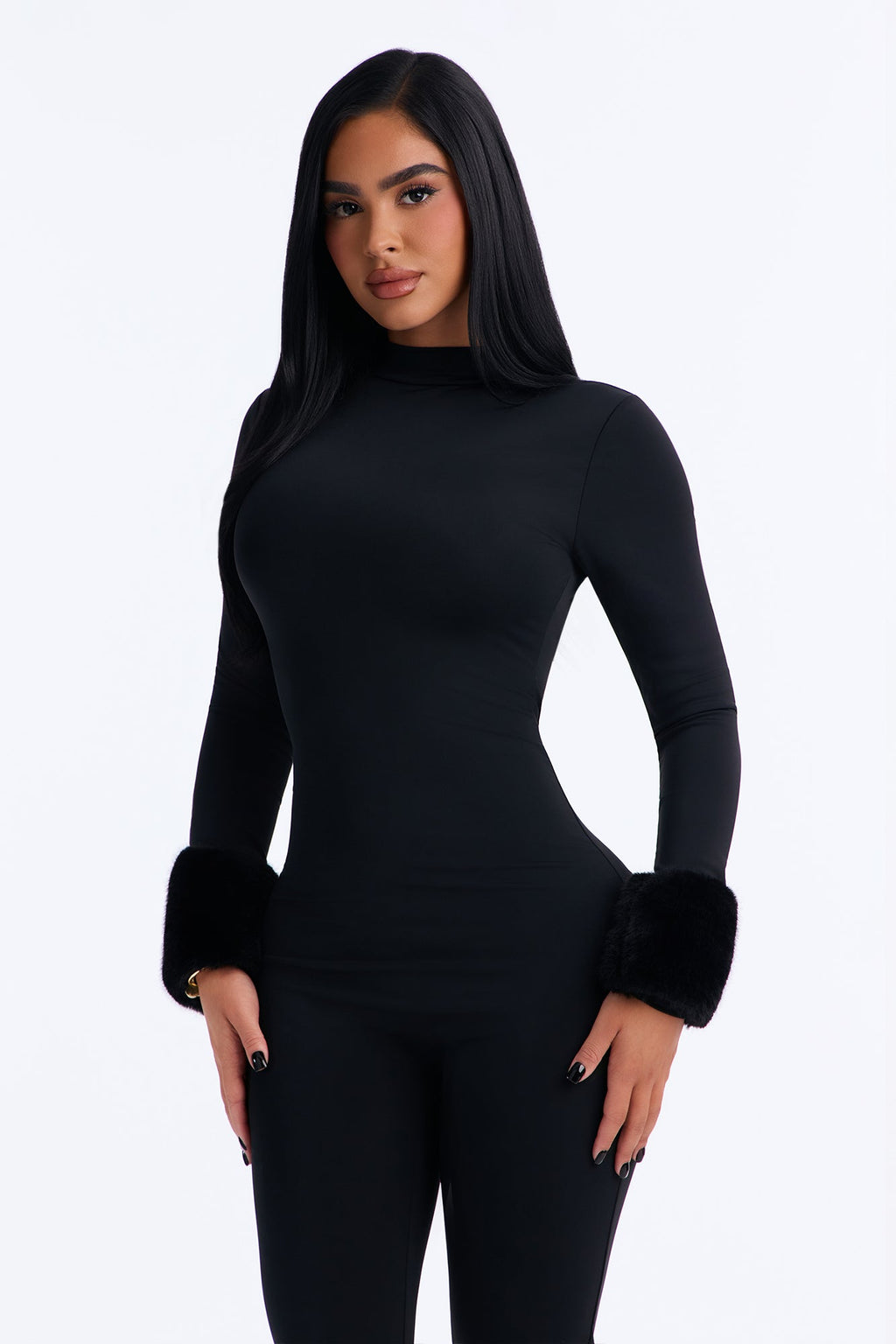 Snow Angel Faux Fur Trim Catsuit With Footie - Black