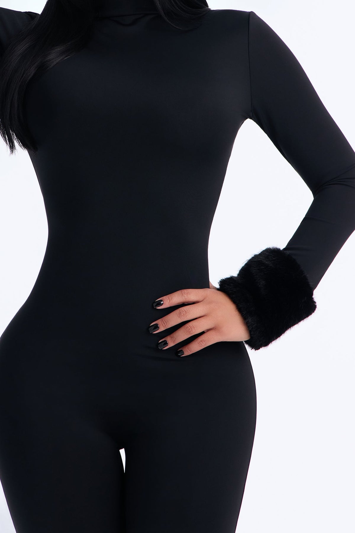 Snow Angel Faux Fur Trim Catsuit With Footie - Black