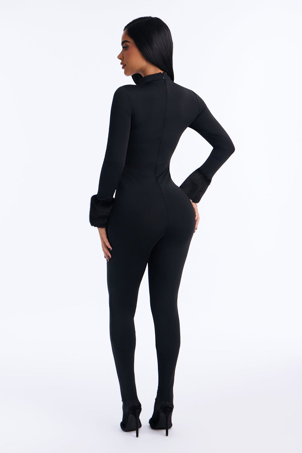 Snow Angel Faux Fur Trim Catsuit With Footie - Black