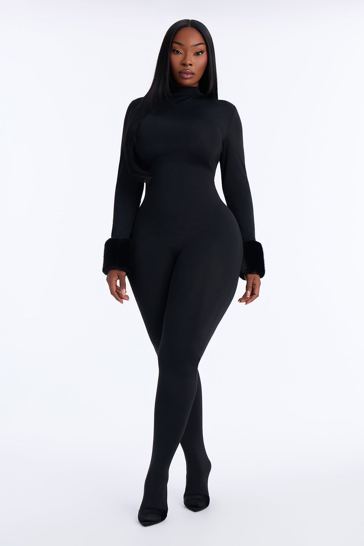 Snow Angel Faux Fur Trim Catsuit With Footie - Black