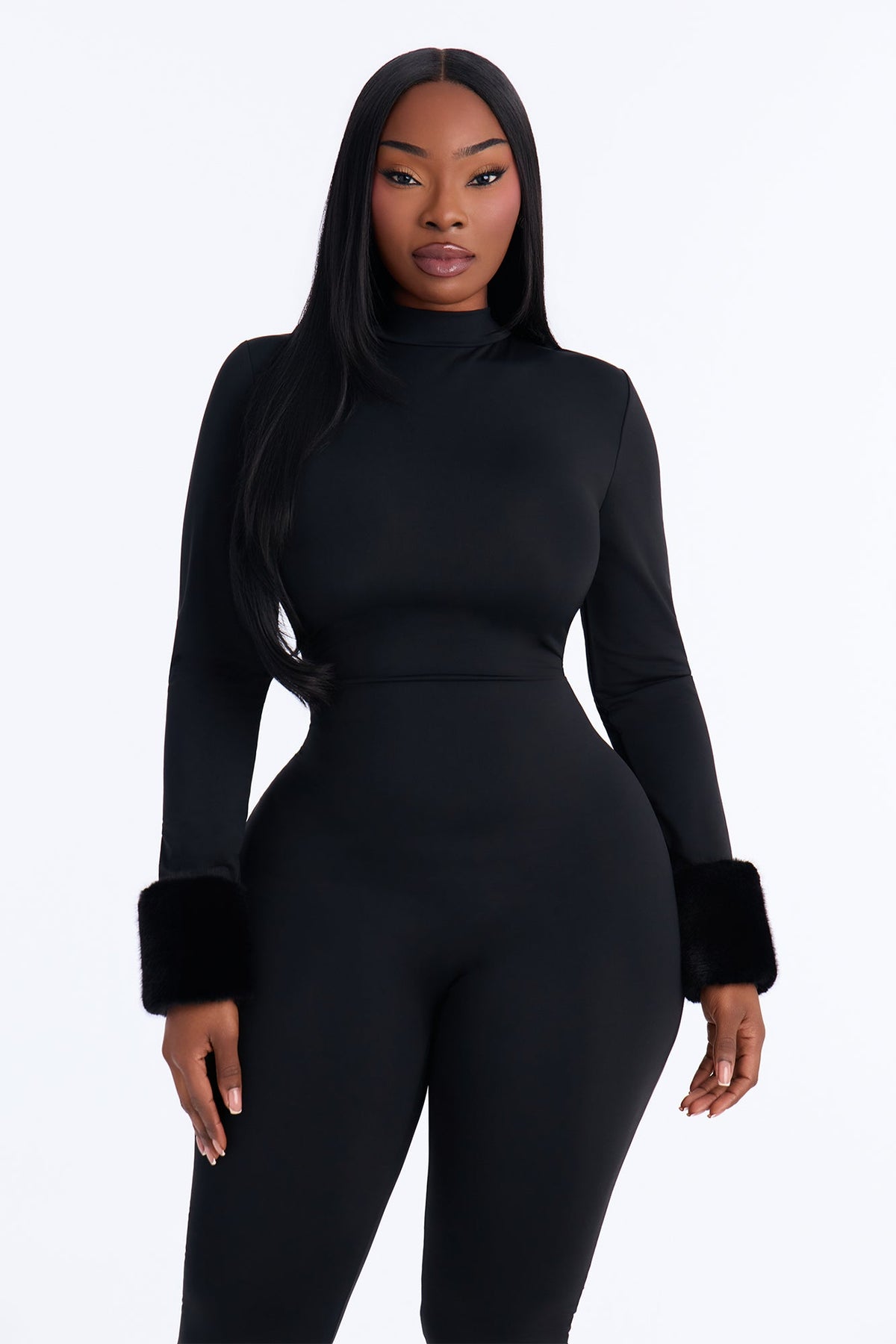 Snow Angel Faux Fur Trim Catsuit With Footie - Black