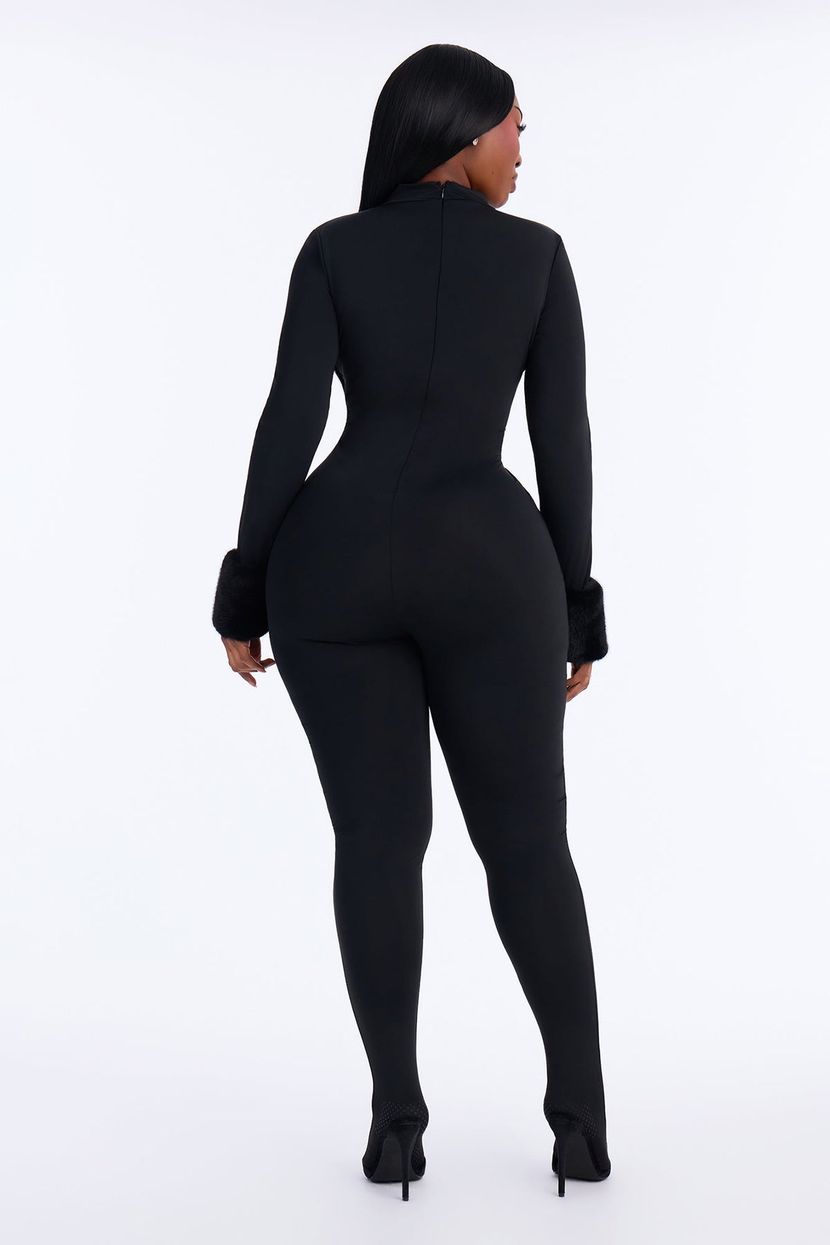 Snow Angel Faux Fur Trim Catsuit With Footie - Black