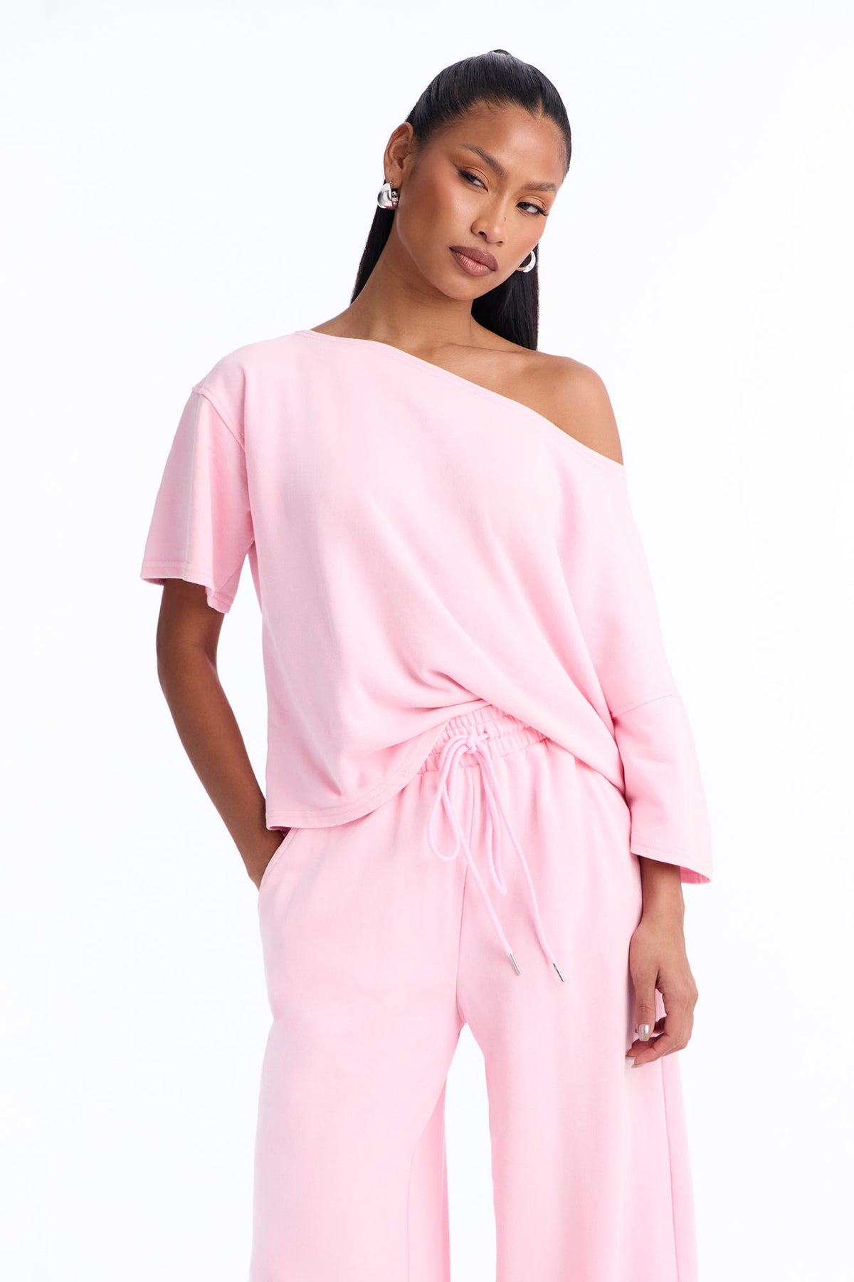 Strollin' By Off Shoulder Washed Pant Set - Pink