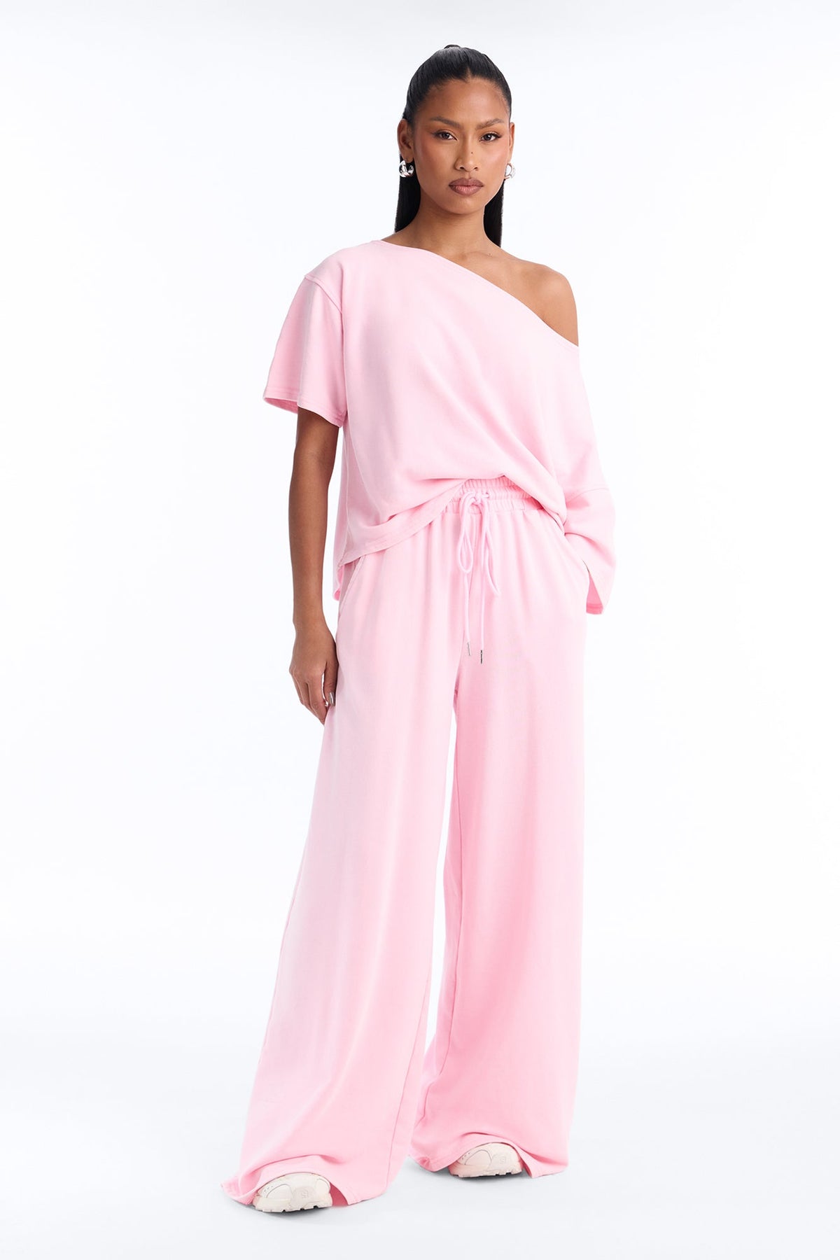 Strollin' By Off Shoulder Washed Pant Set - Pink