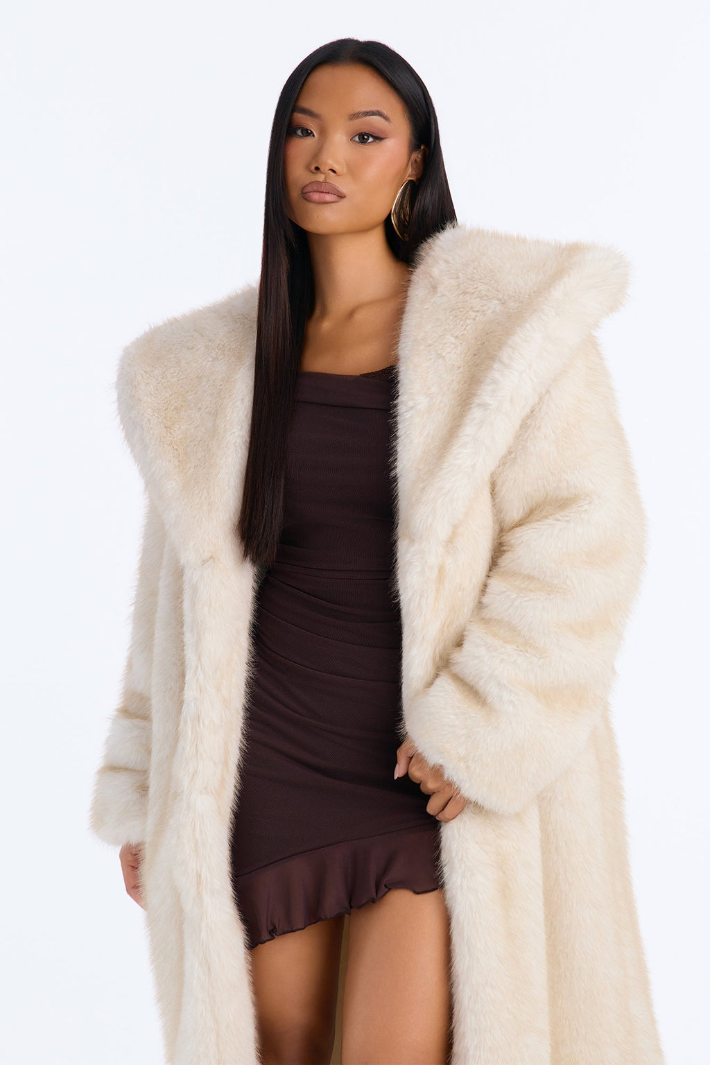 Bella Donna Two Tone Long Faux Fur Coat - Ivory