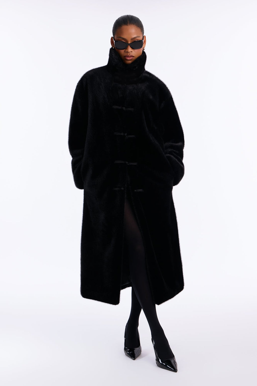 Fiona Faux Fur Frog Clasp Maxi Coat - Black