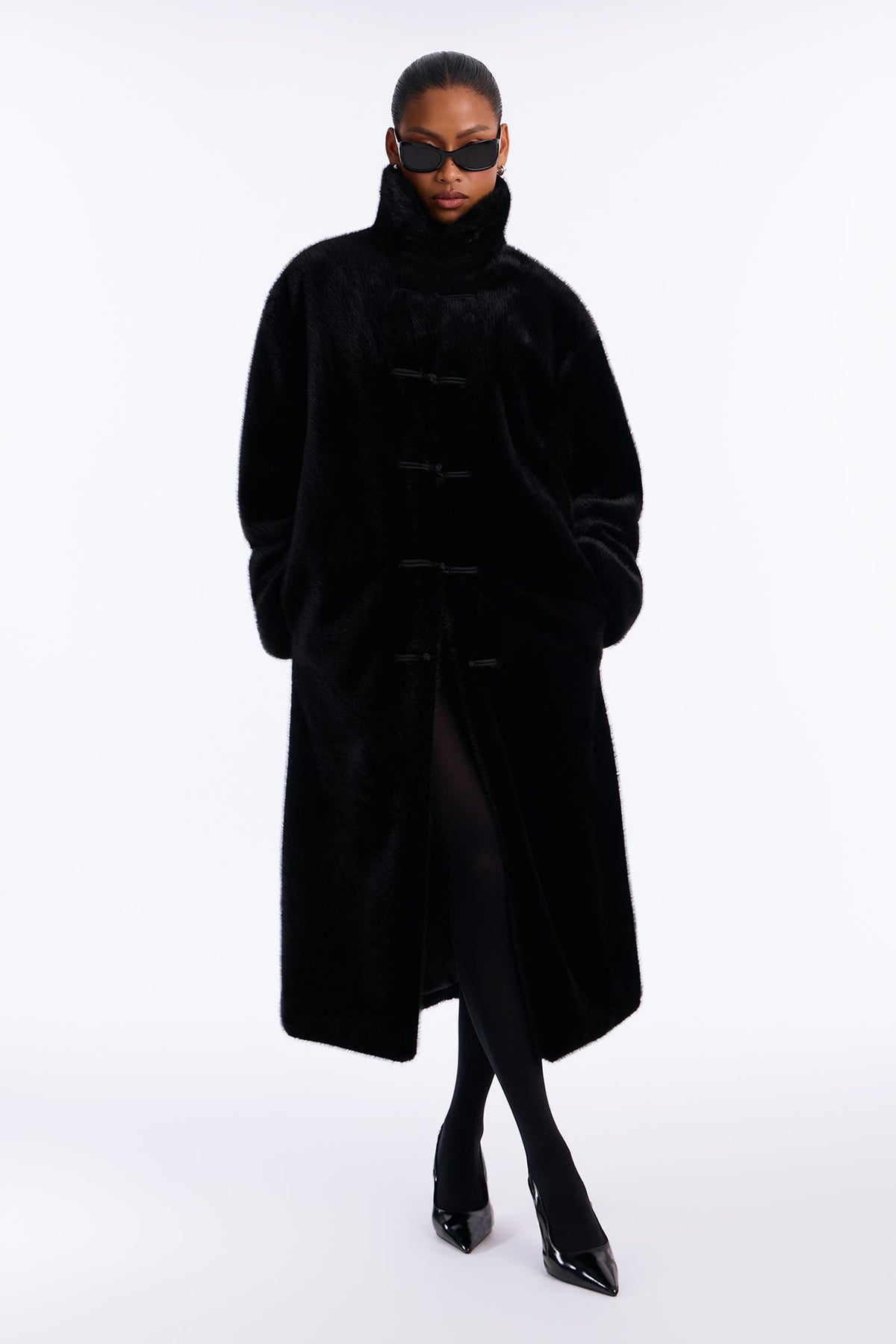 Fiona Faux Fur Frog Clasp Maxi Coat - Black