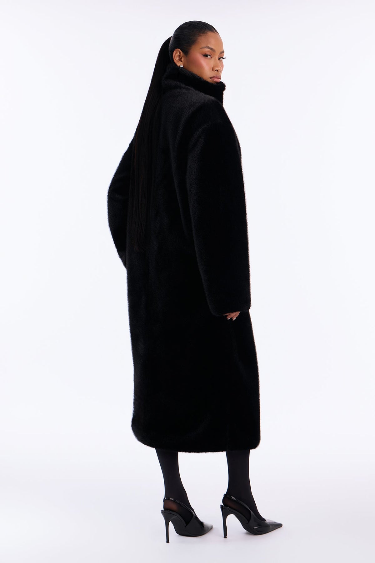 Fiona Faux Fur Frog Clasp Maxi Coat - Black