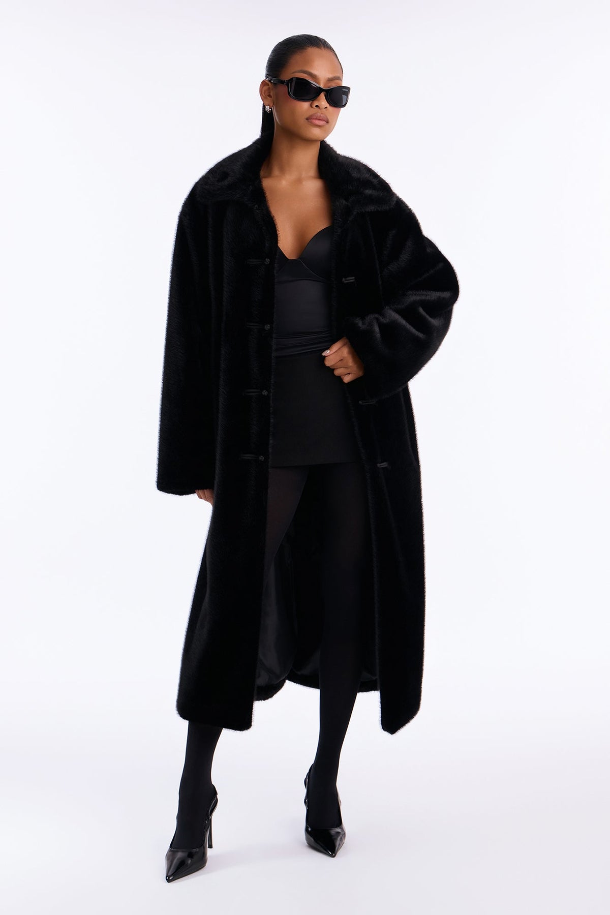 Fiona Faux Fur Frog Clasp Maxi Coat - Black