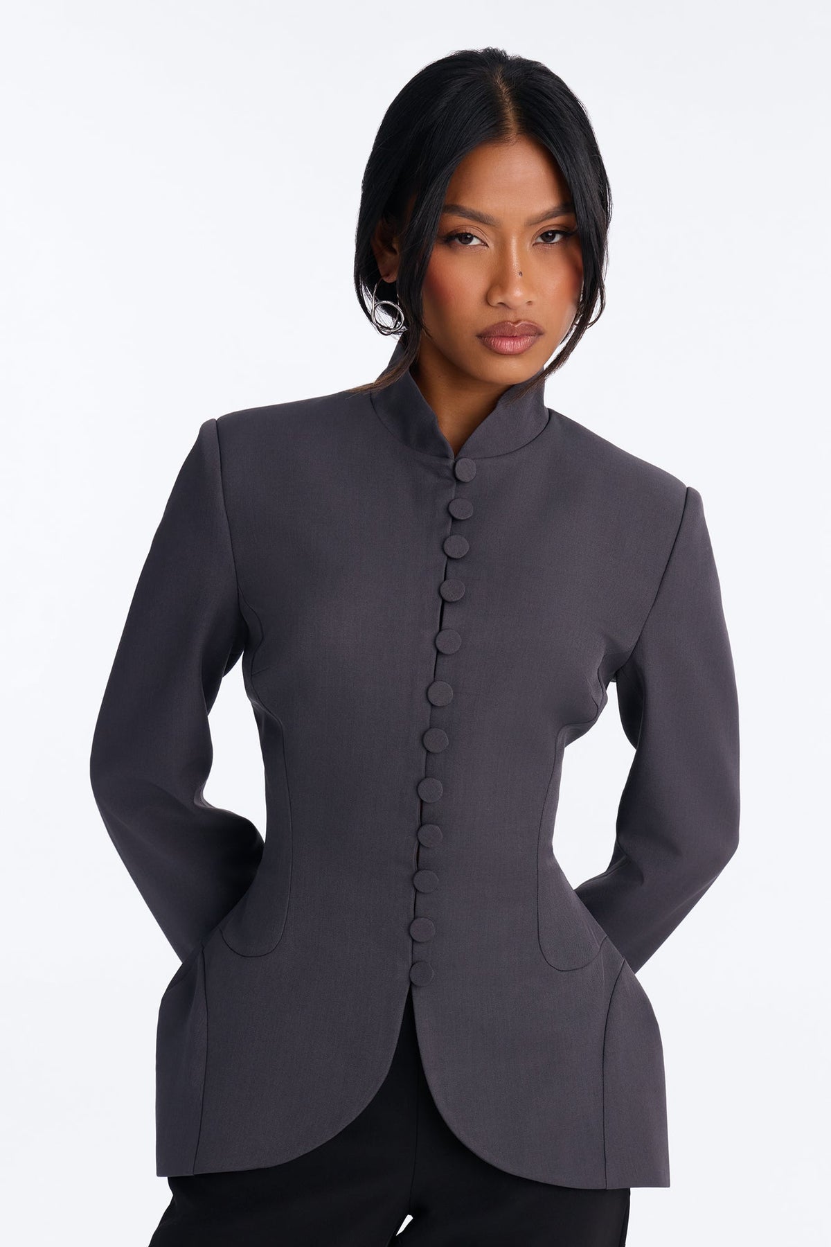Body Tea Hourglass Button Down Blazer - Charcoal