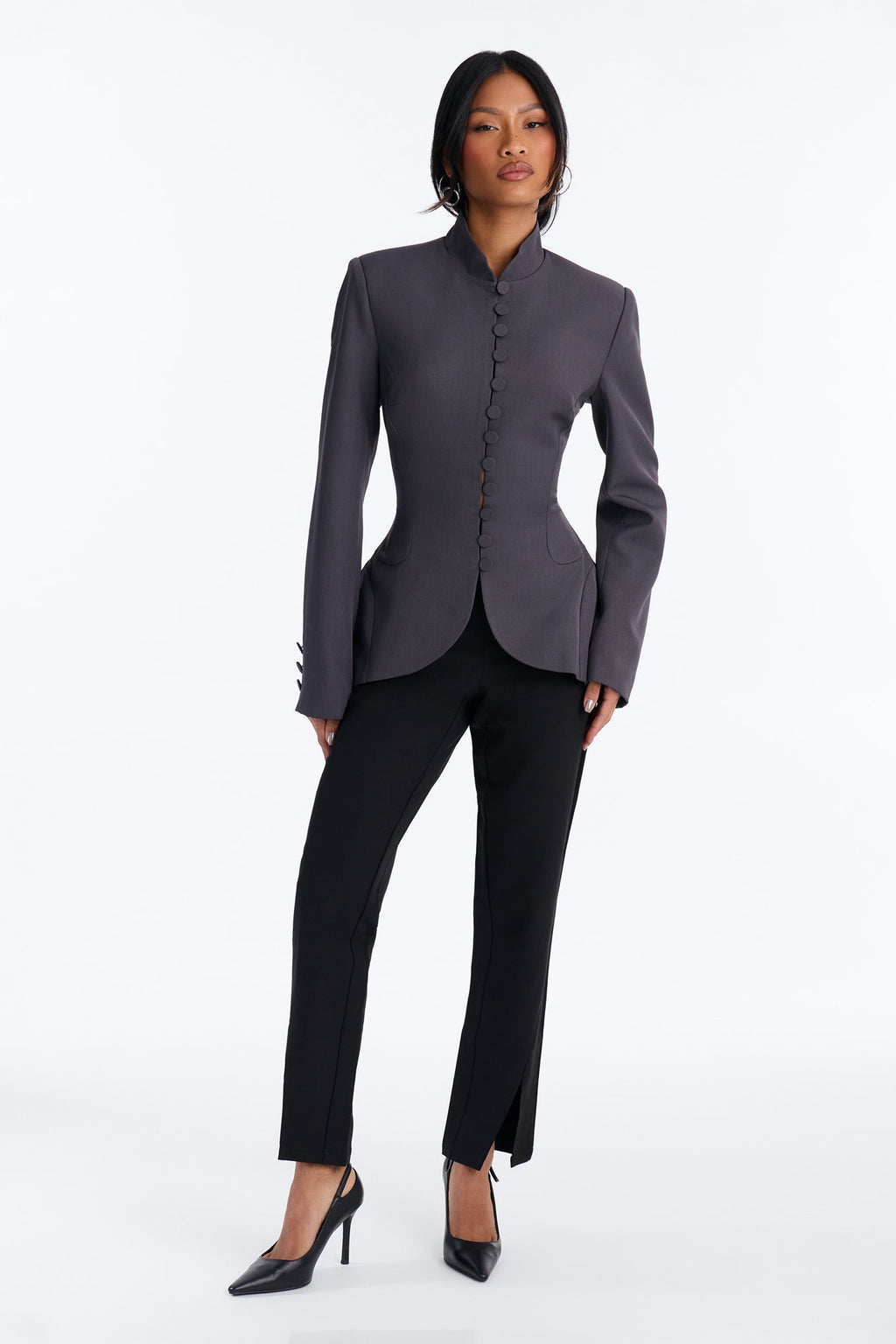 Body Tea Hourglass Button Down Blazer - Charcoal