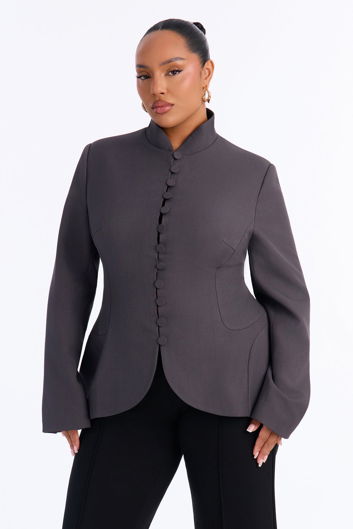 Body Tea Hourglass Button Down Blazer - Charcoal