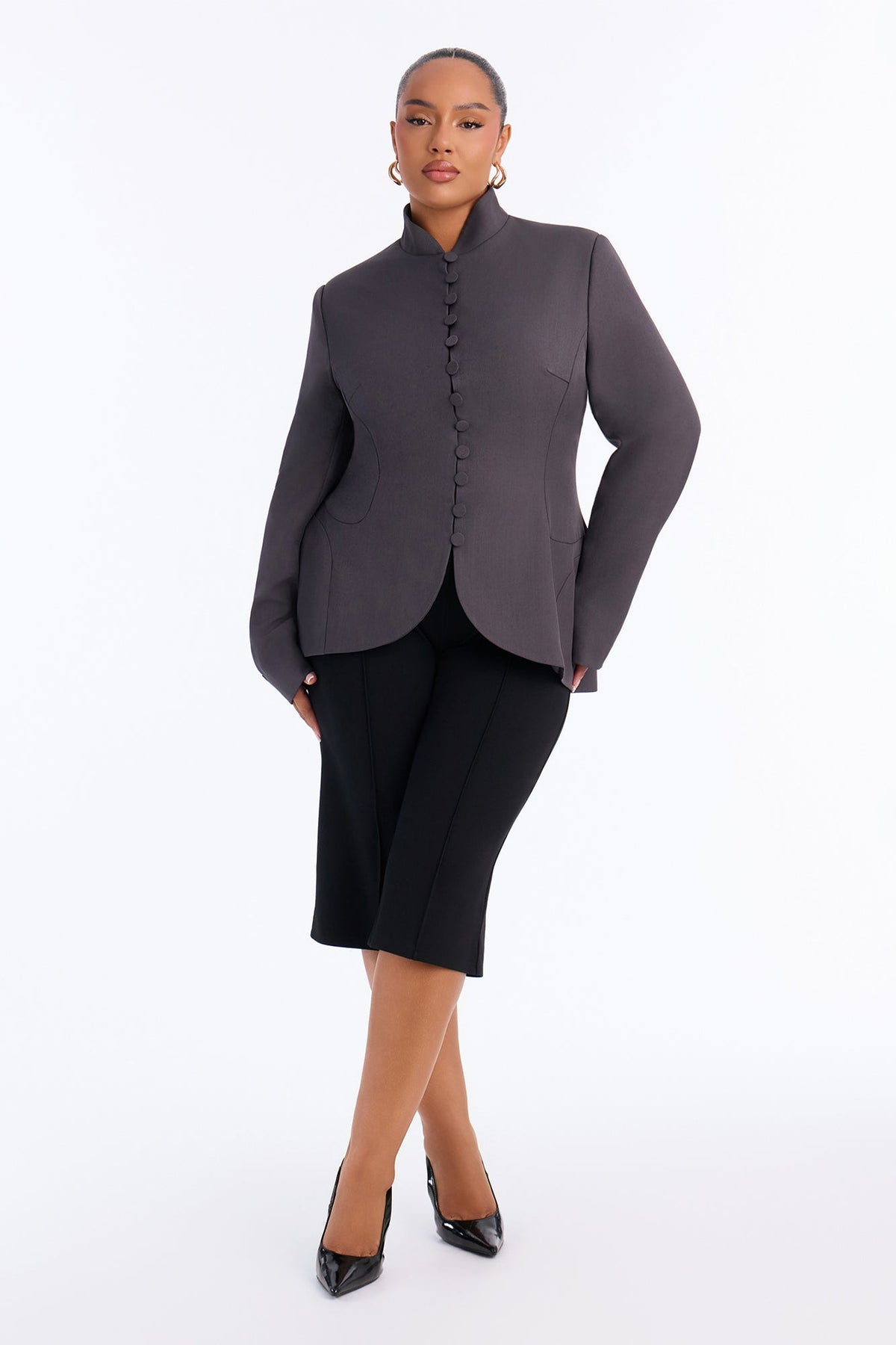 Body Tea Hourglass Button Down Blazer - Charcoal