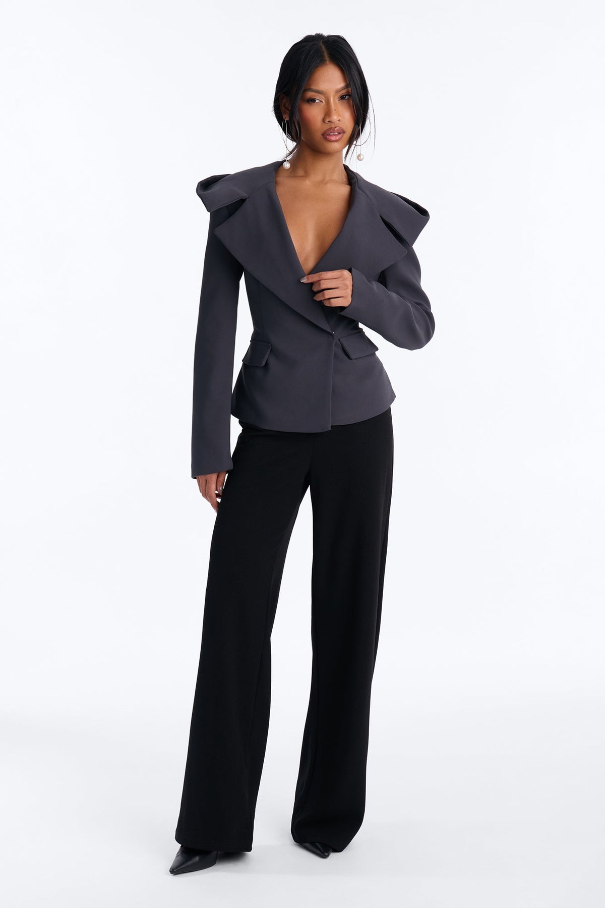 Kourtney Double Breasted Hooded Blazer - Charcoal
