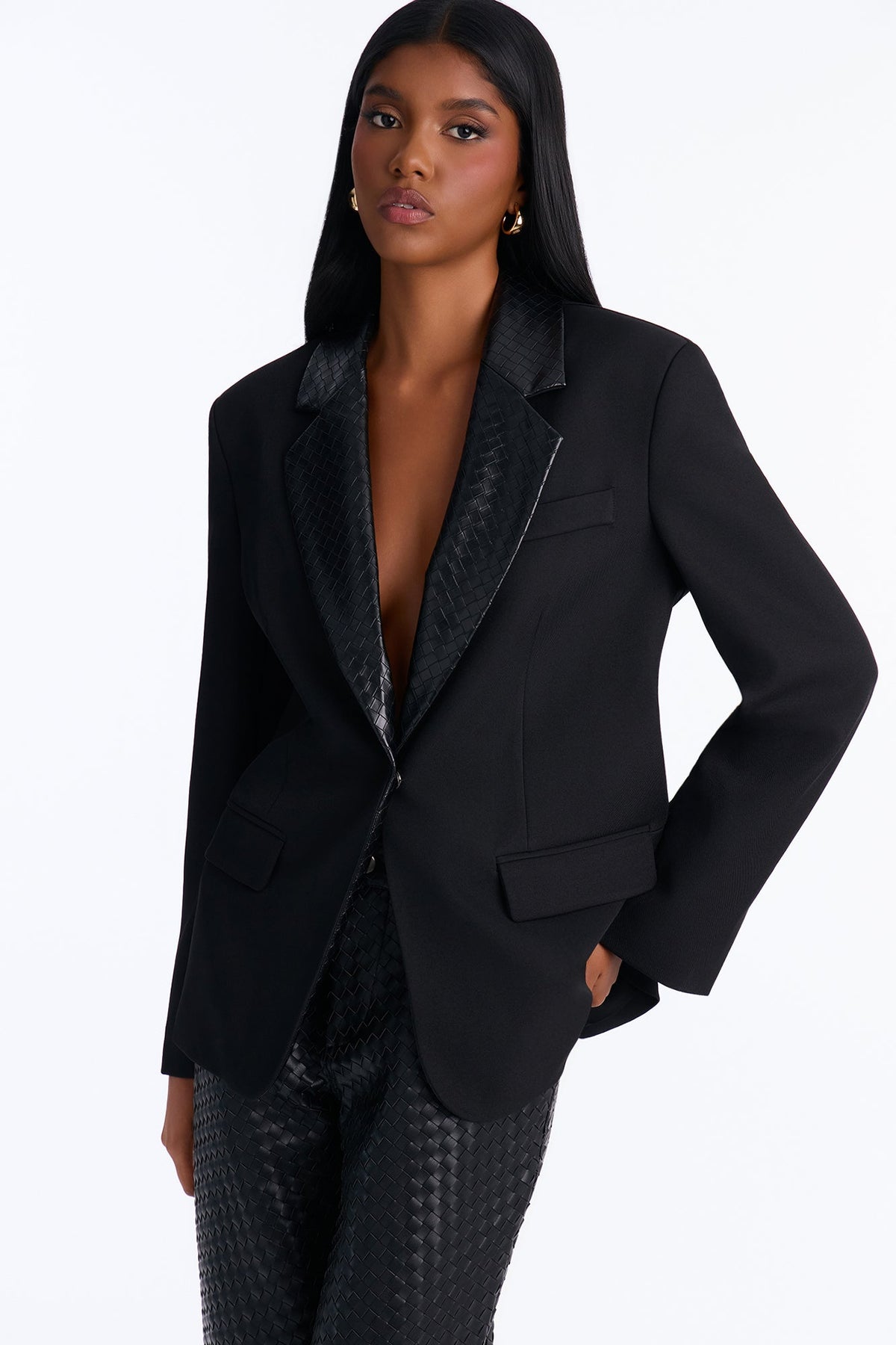 Sienna Woven Faux Leather Lapel Blazer - Black