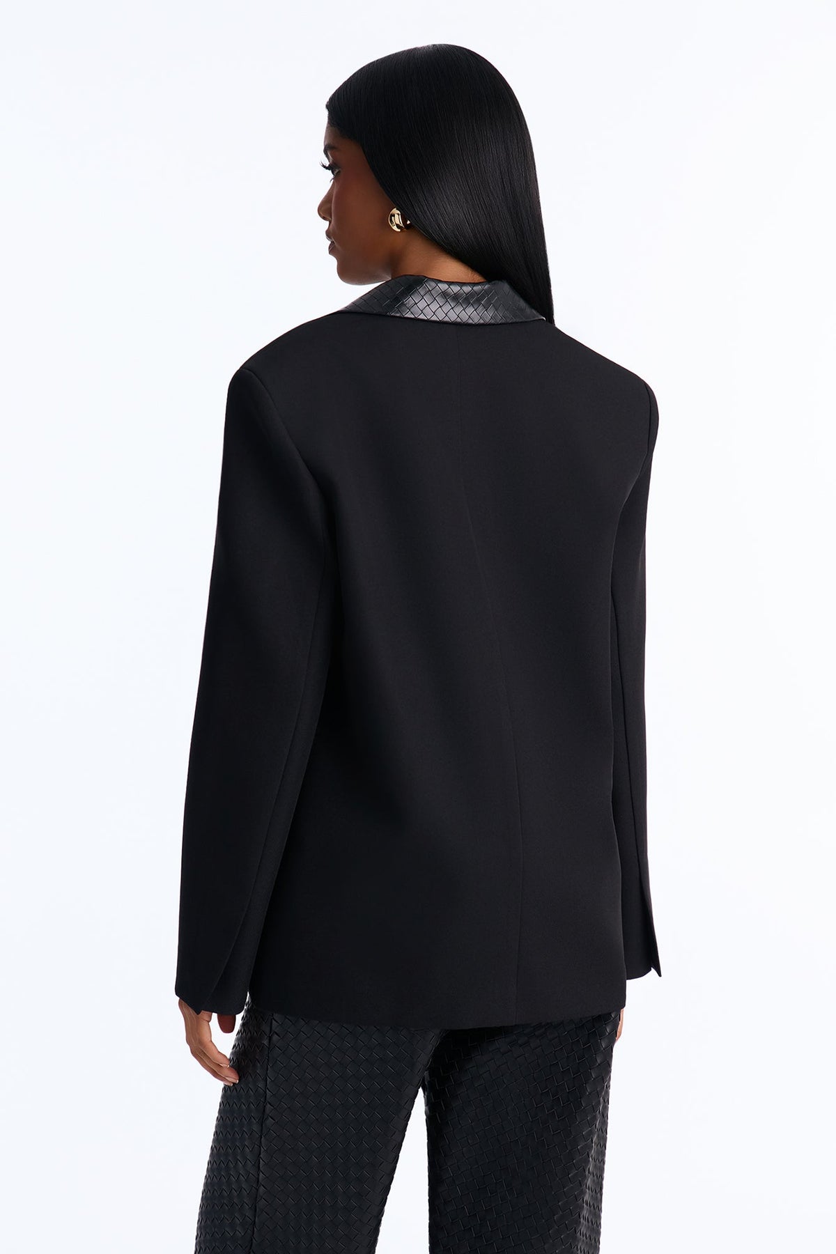 Sienna Woven Faux Leather Lapel Blazer - Black