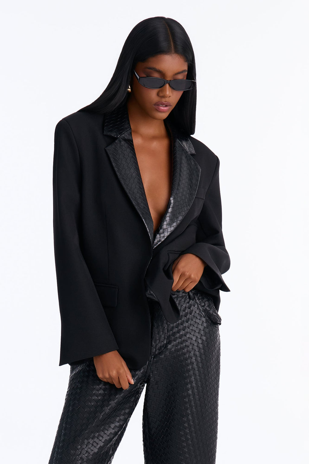 Sienna Woven Faux Leather Lapel Blazer - Black