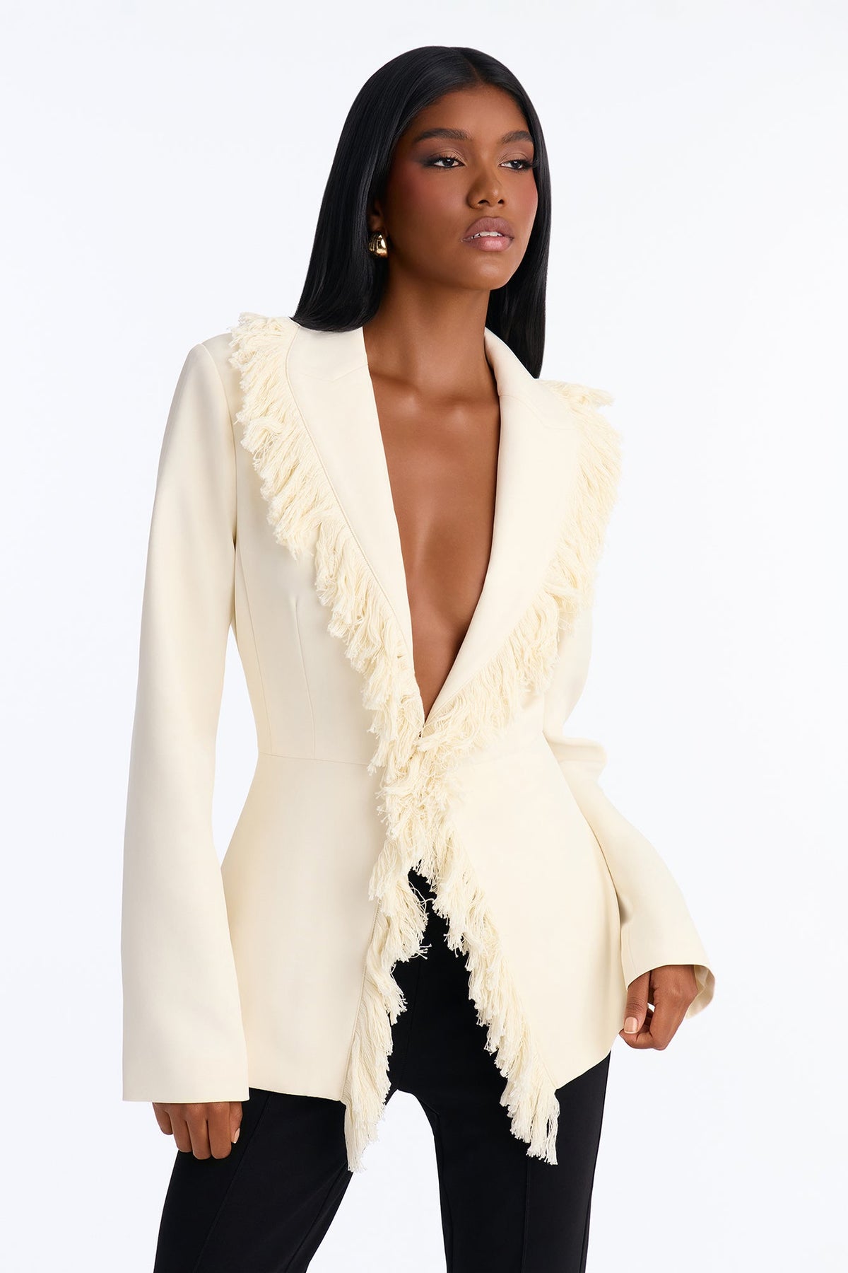Full Sweep Fringe Trim Blazer - Ivory