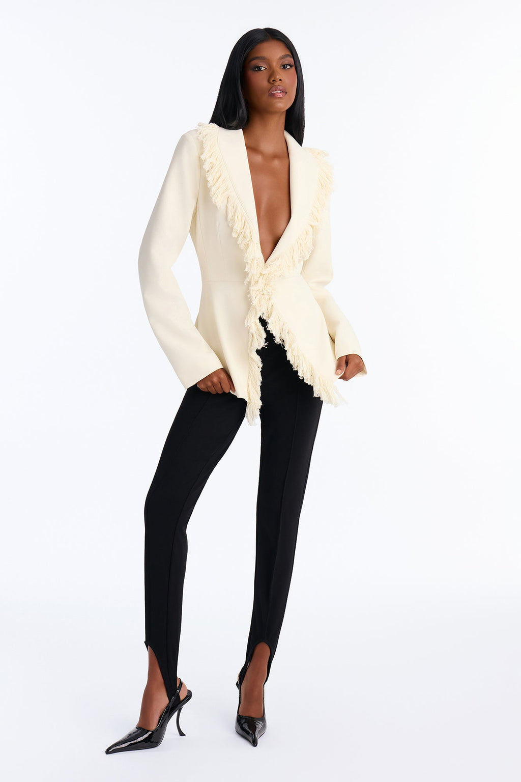 Full Sweep Fringe Trim Blazer - Ivory