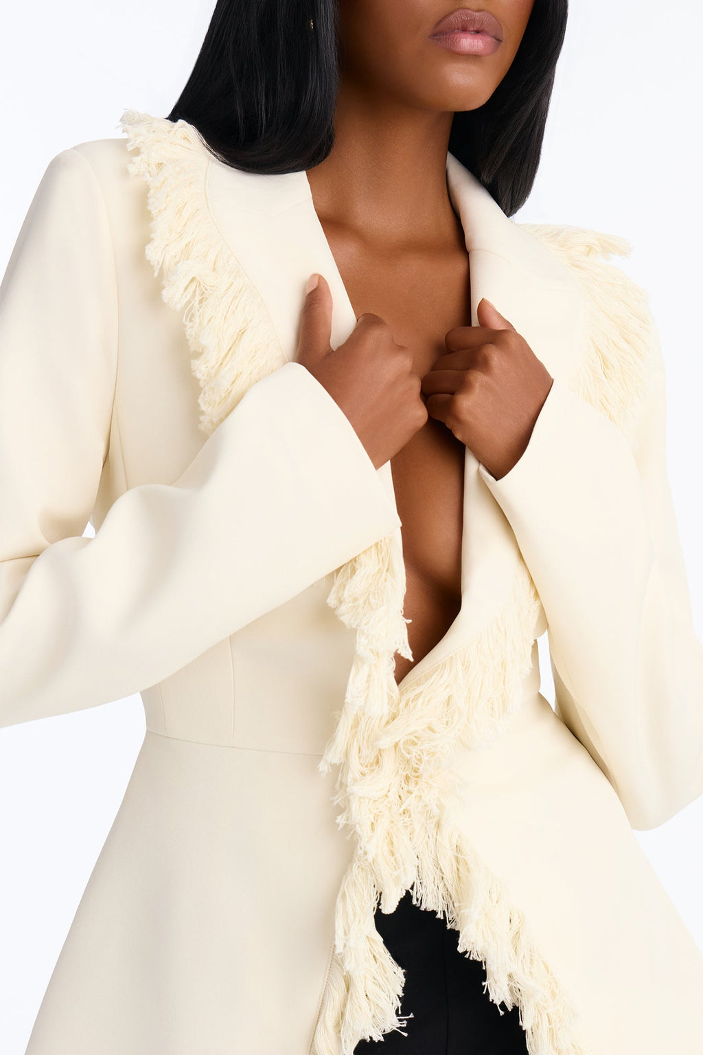 Full Sweep Fringe Trim Blazer - Ivory