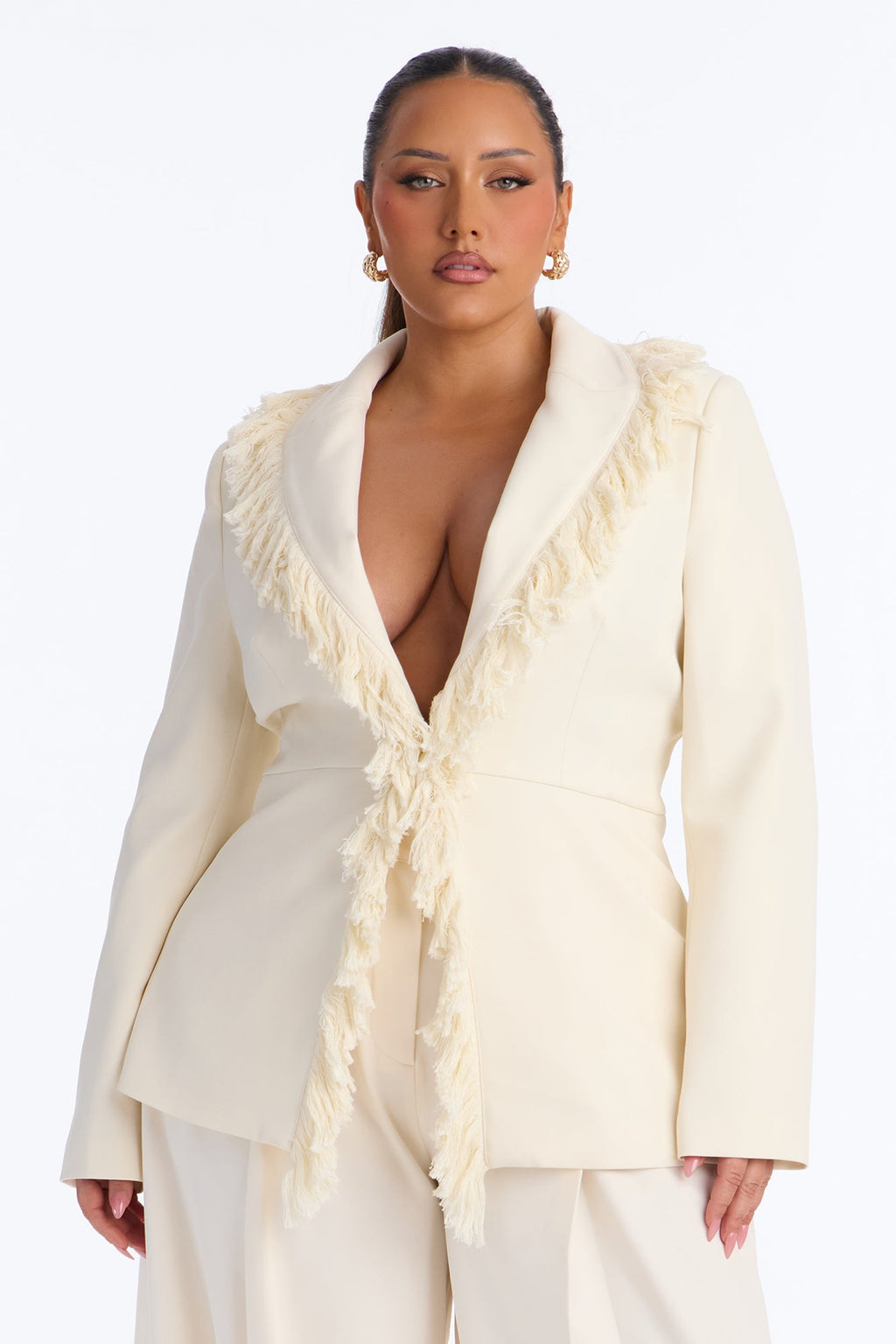 Full Sweep Fringe Trim Blazer - Ivory