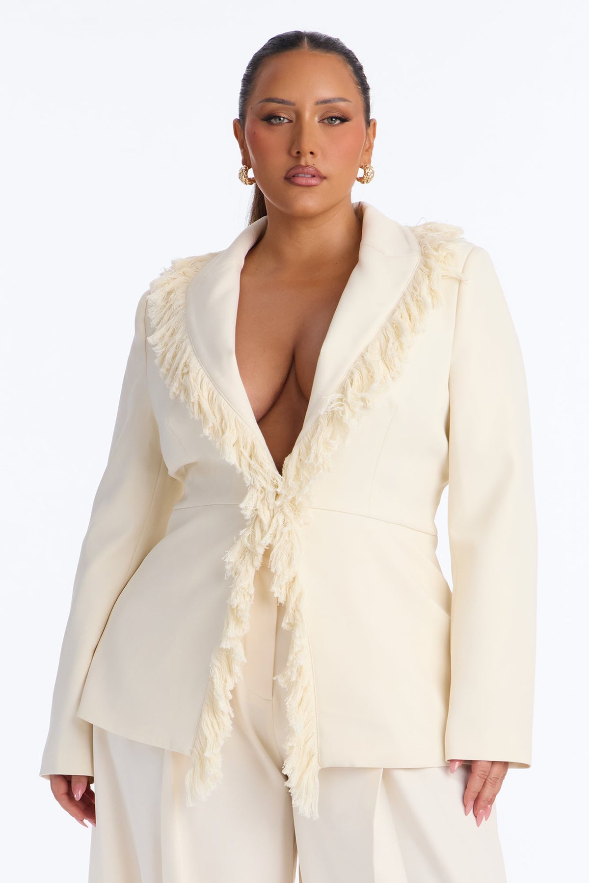 Full Sweep Fringe Trim Blazer - Ivory