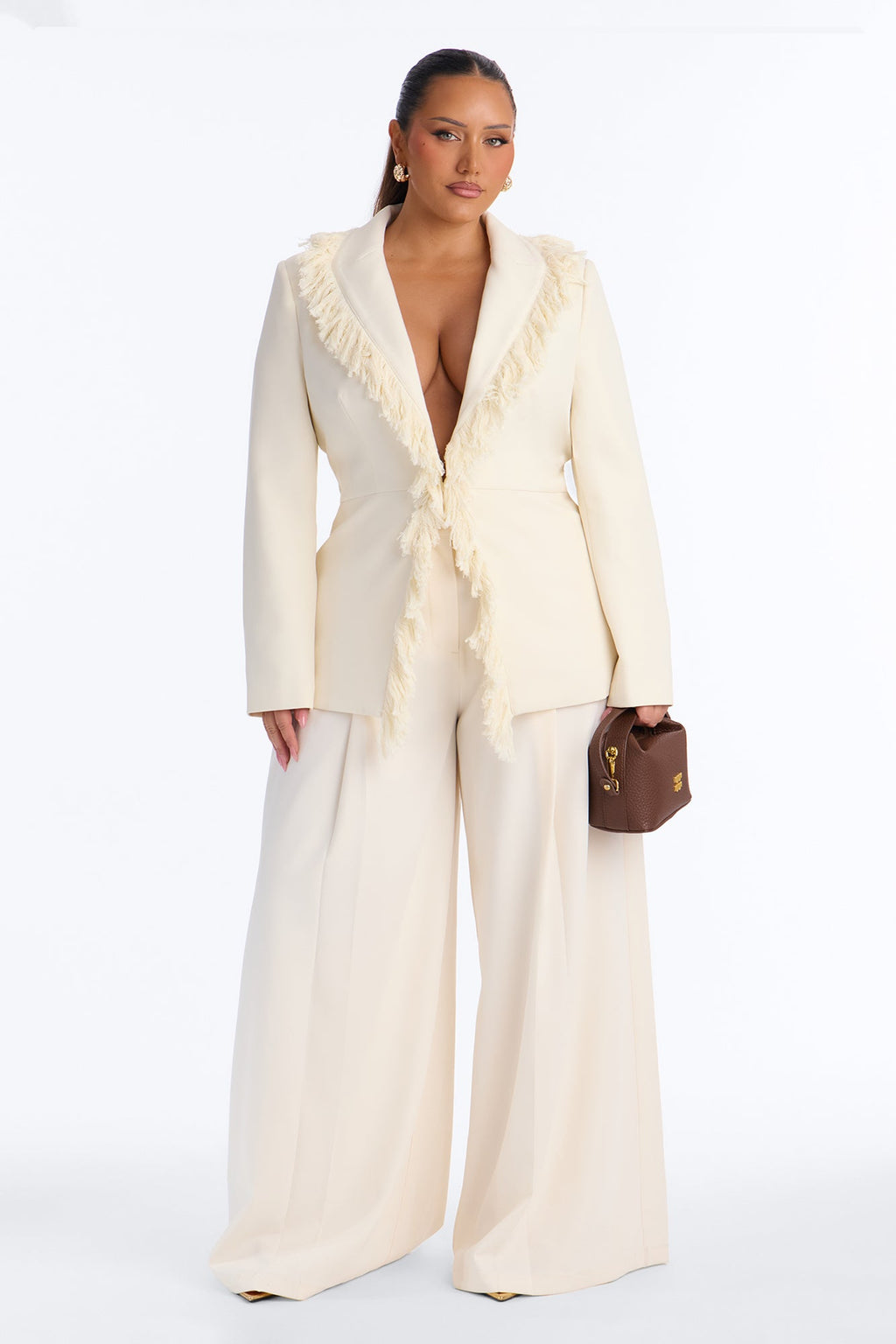 Full Sweep Fringe Trim Blazer - Ivory