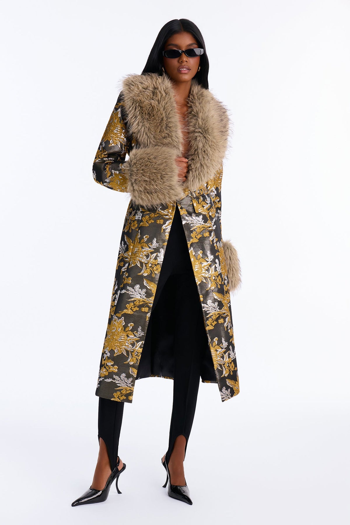 Prestige Jacquard Faux Fur Coat - Gold/combo