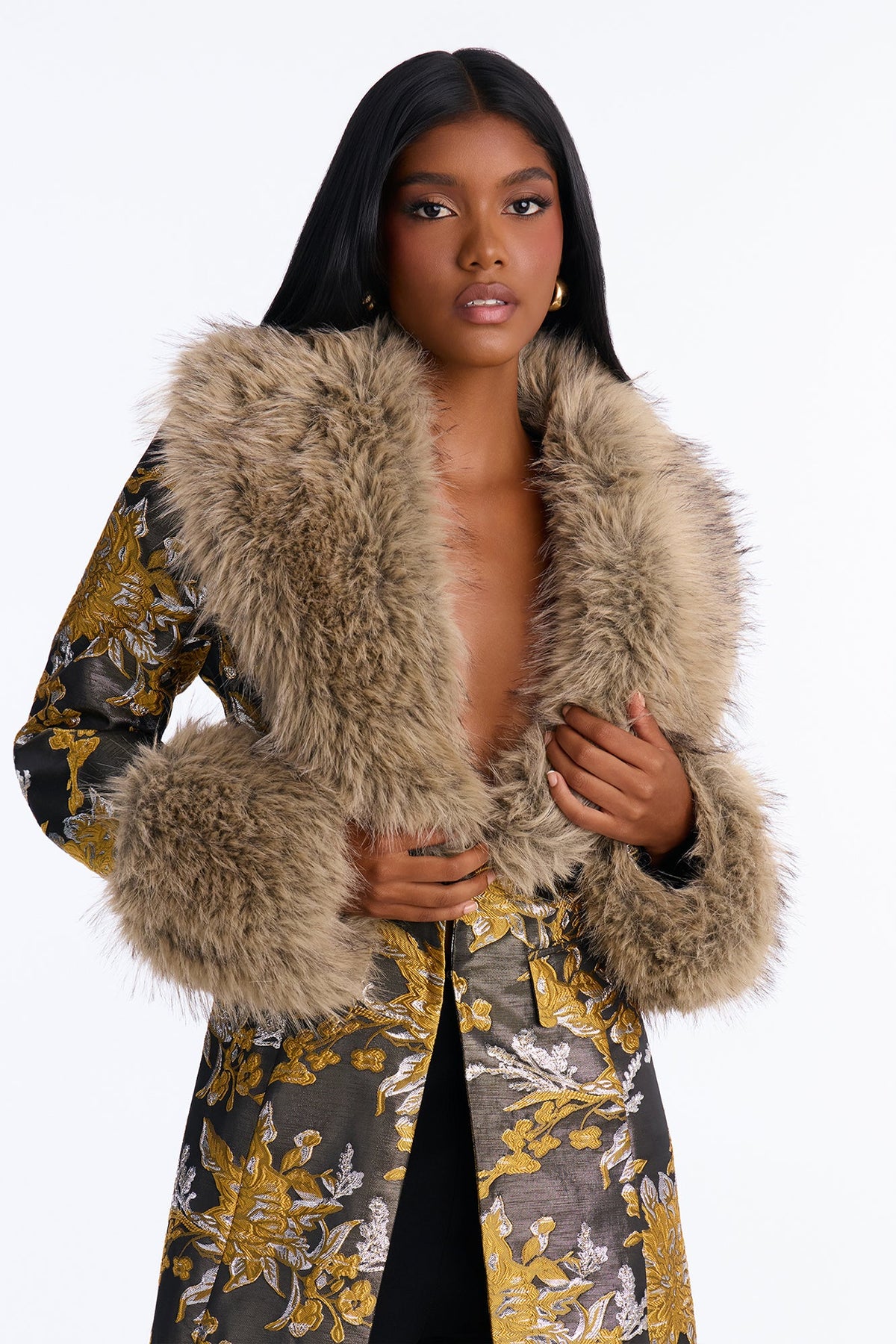 Prestige Jacquard Faux Fur Coat - Gold/combo