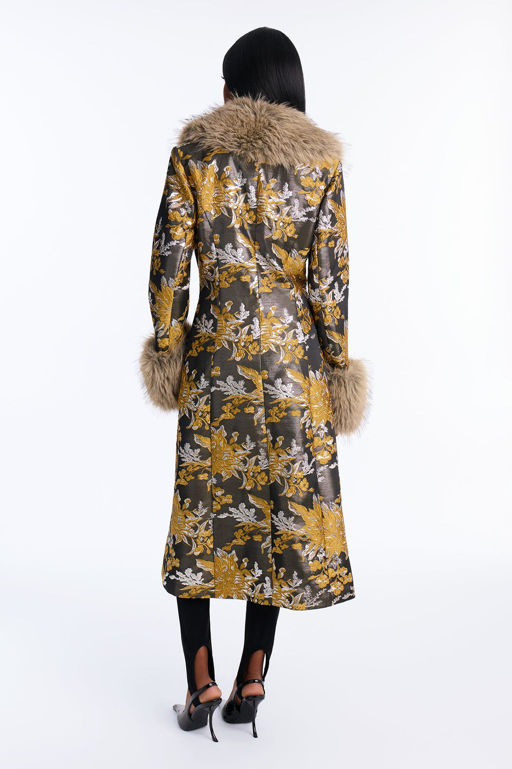 Prestige Jacquard Faux Fur Coat - Gold/combo