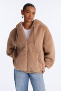 Jessie Oversized Faux Fur Hooded Bomber Jacket - Taupe