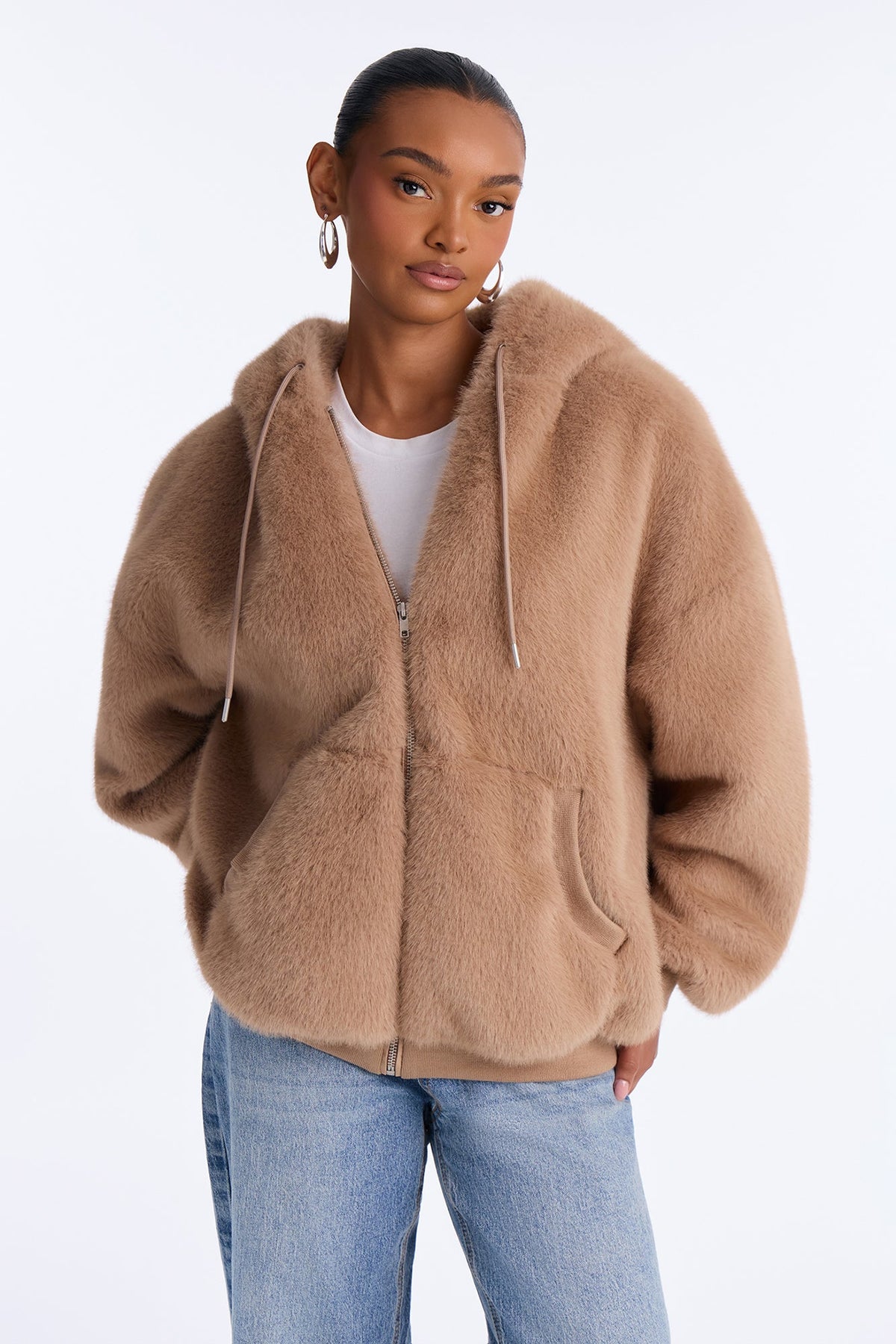Jessie Oversized Faux Fur Hooded Bomber Jacket - Taupe